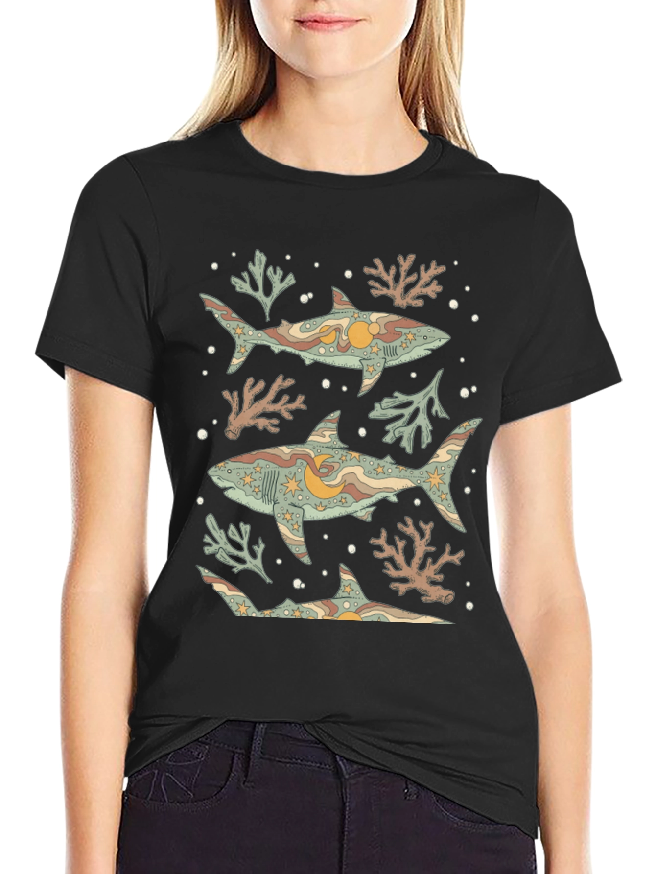 Shark Print Graphic Tee - Black