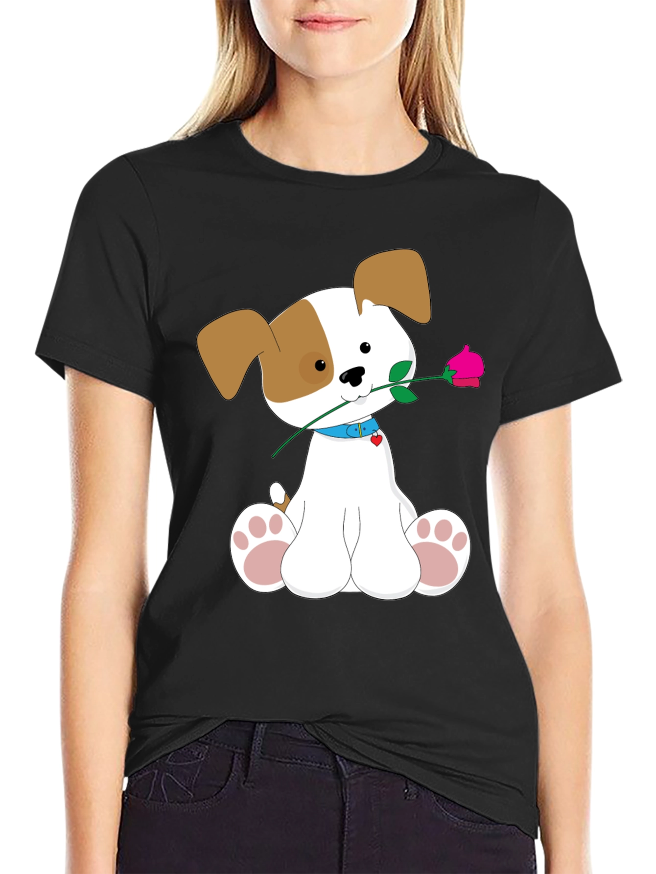 Cute Puppy with Rose Graphic T-Shirt - Soft Cotton Tee