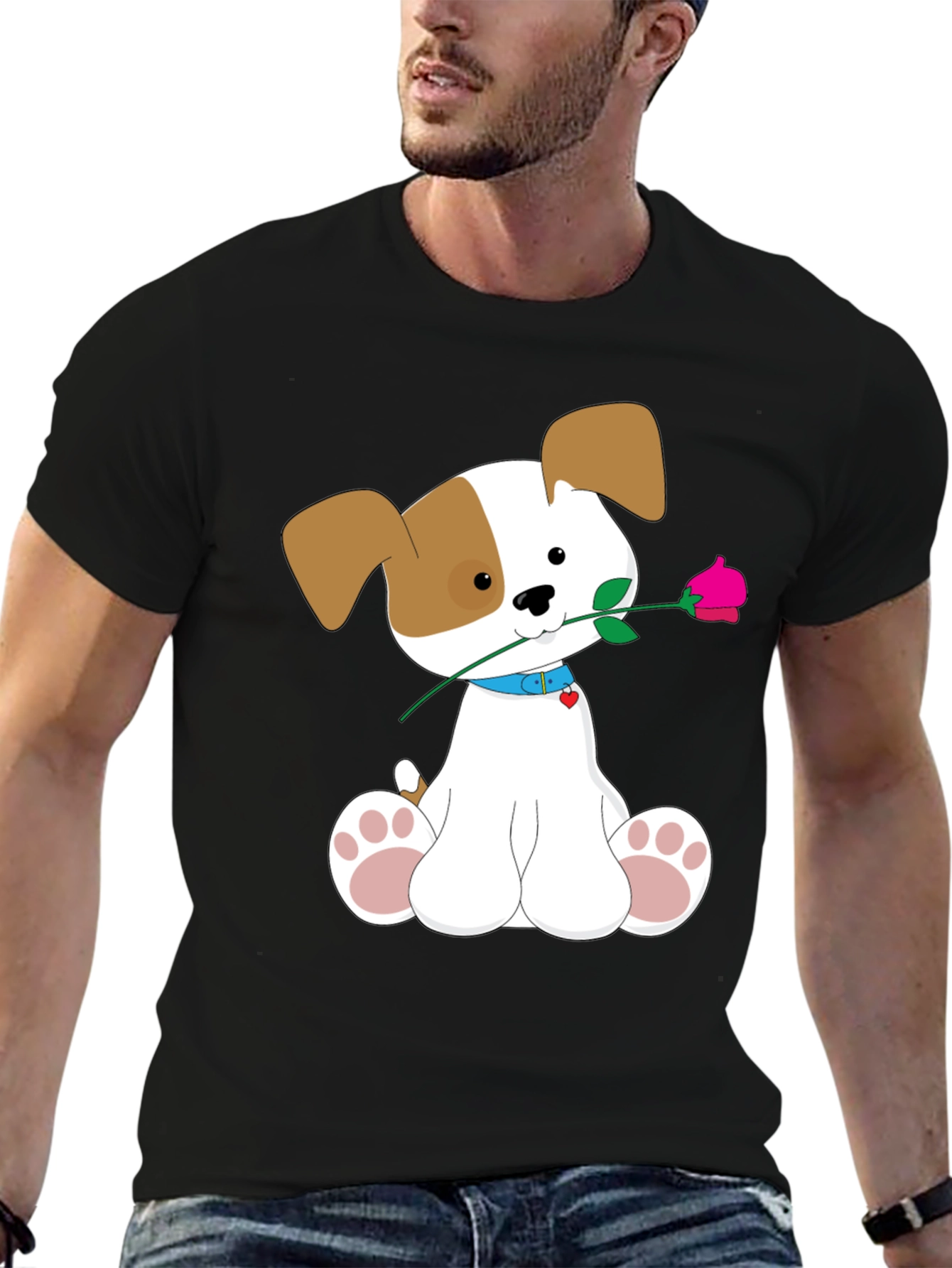 Cute Puppy with Rose Graphic T-Shirt - Soft Cotton Tee