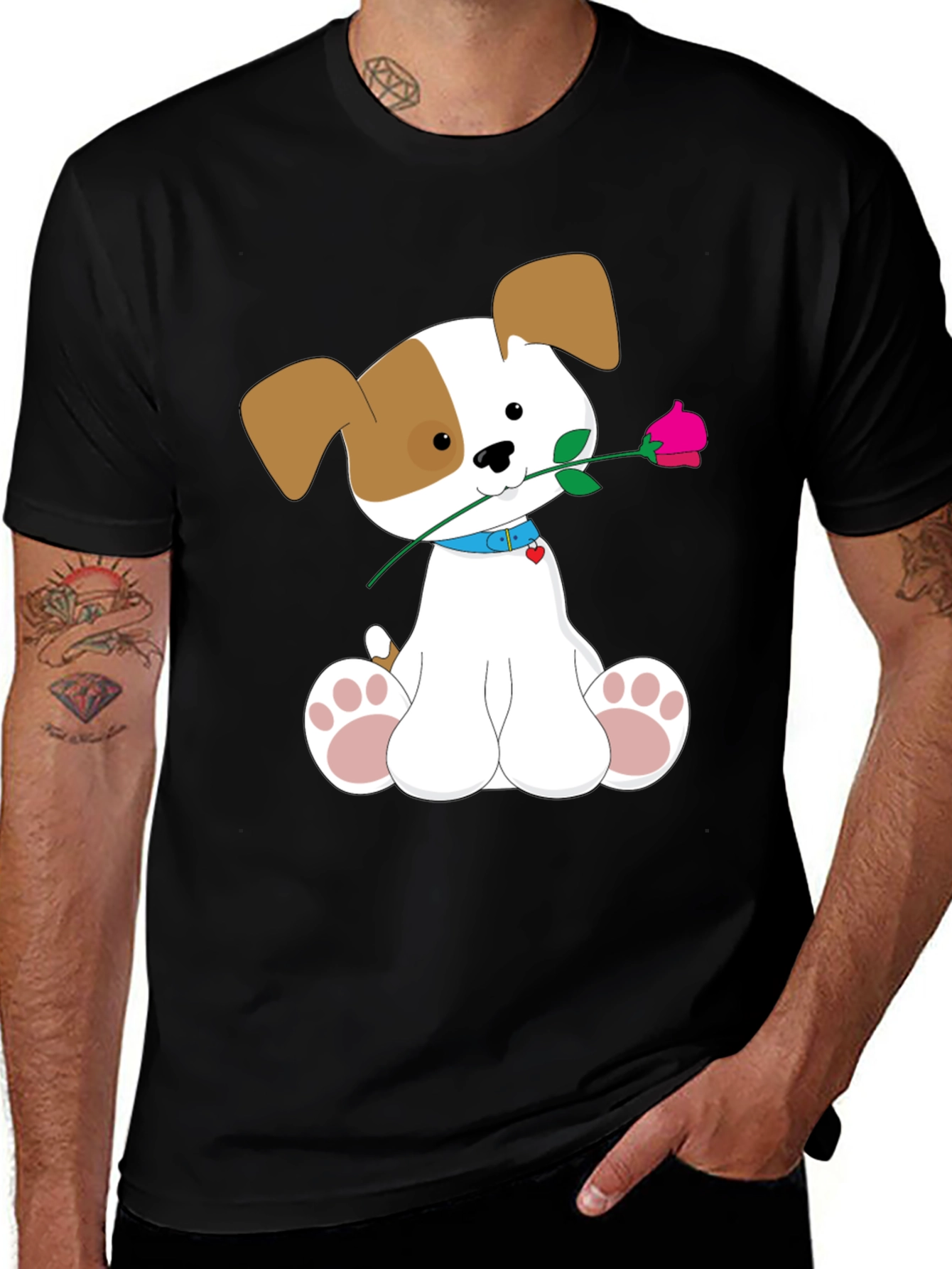 Cute Puppy with Rose Graphic T-Shirt - Soft Cotton Tee