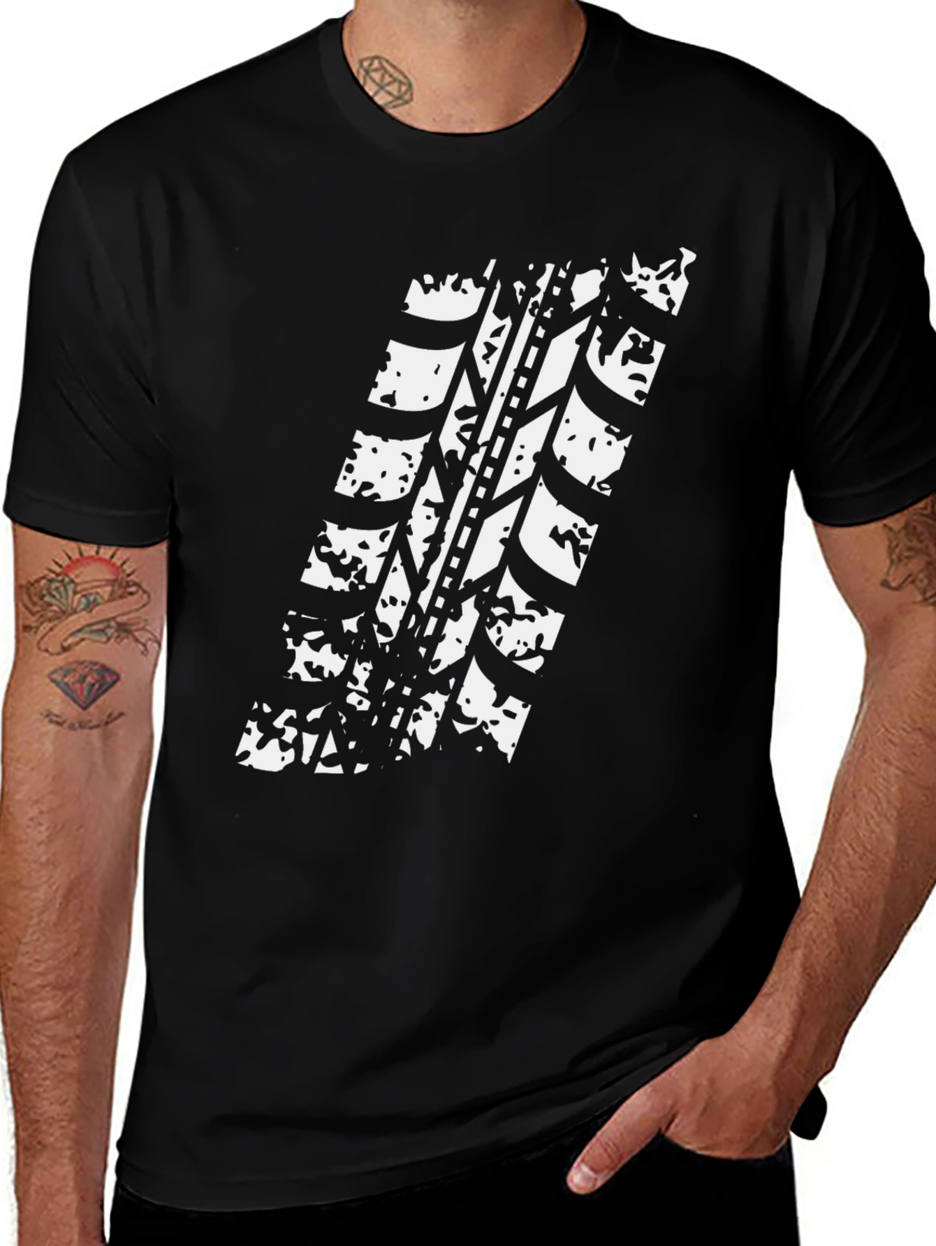 Tire Track Graphic Tee - Black Cotton Casual Shirt