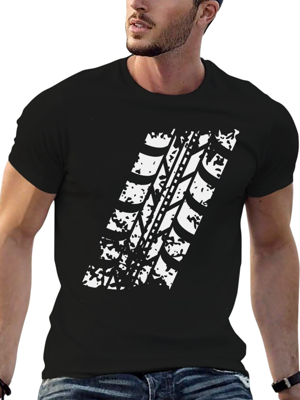 Tire Track Graphic Tee - Black Cotton Casual Shirt