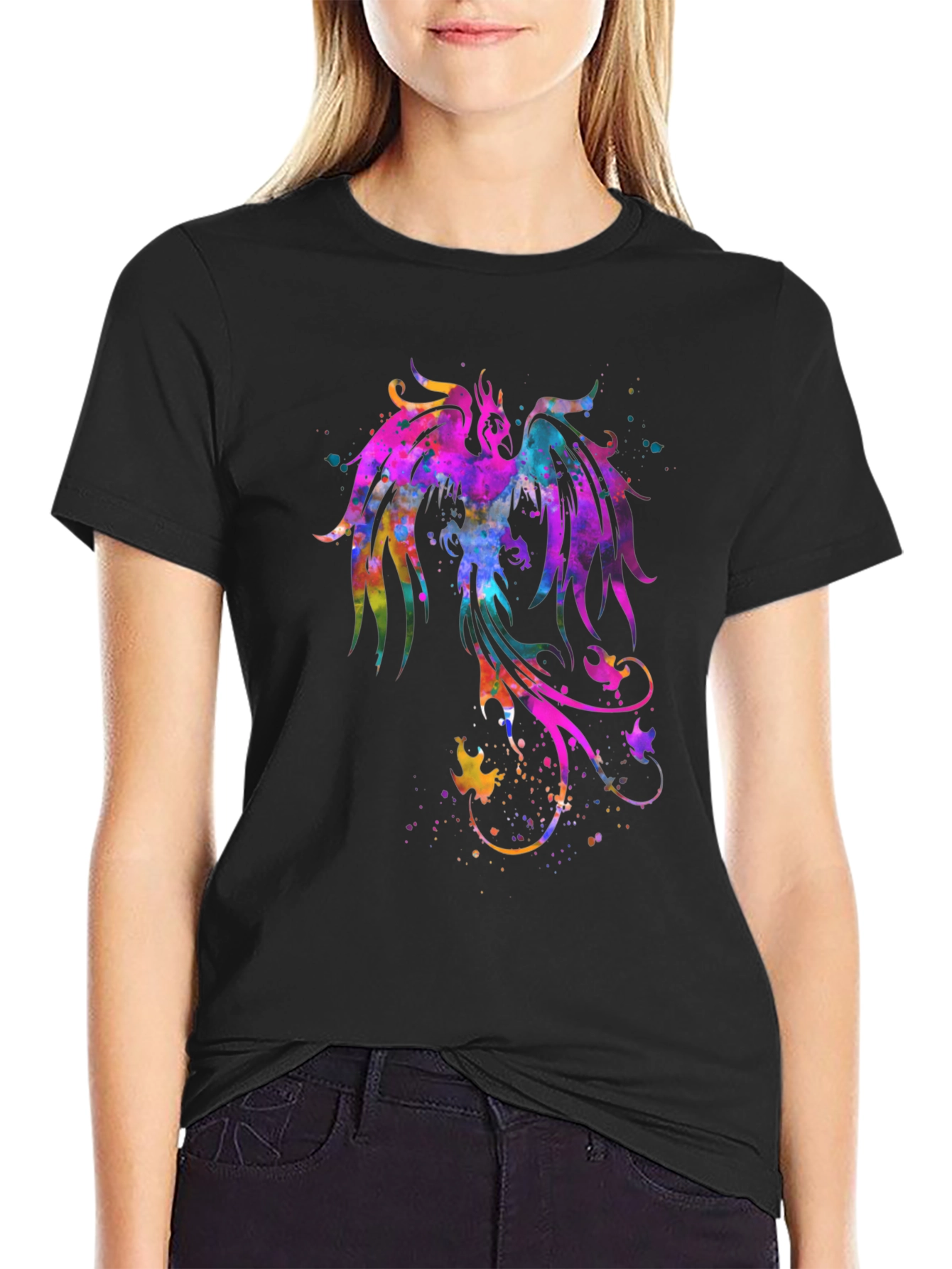 Watercolor Phoenix Graphic Black T-Shirt