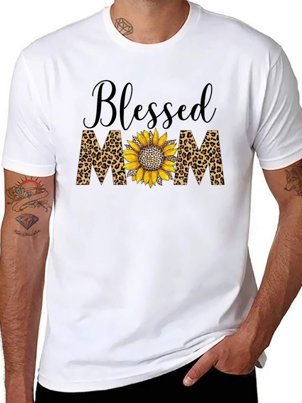Blessed Mom Leopard Sunflower Graphic T-Shirt