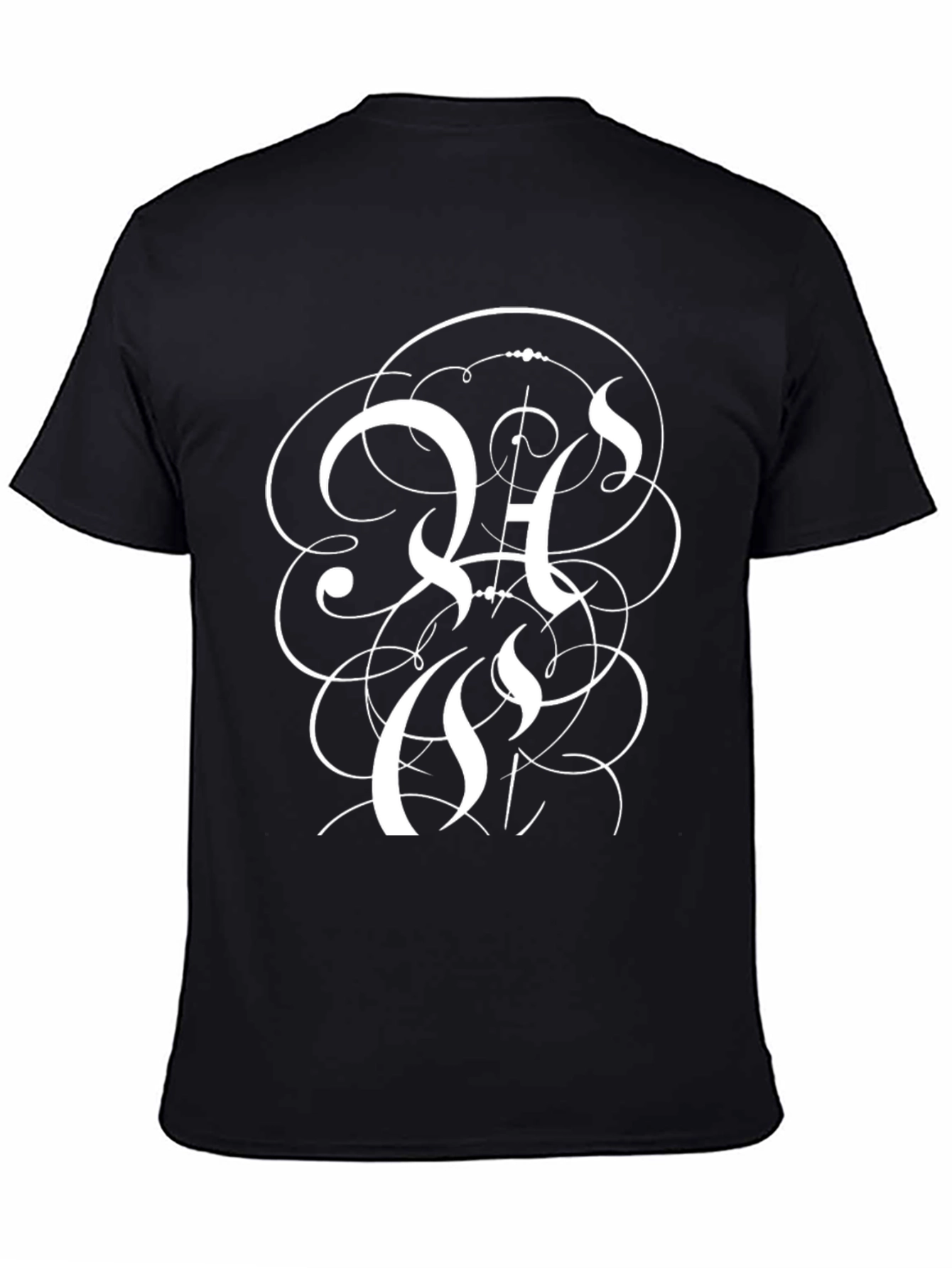 Elegant Black T-Shirt with Intricate White Letter Design