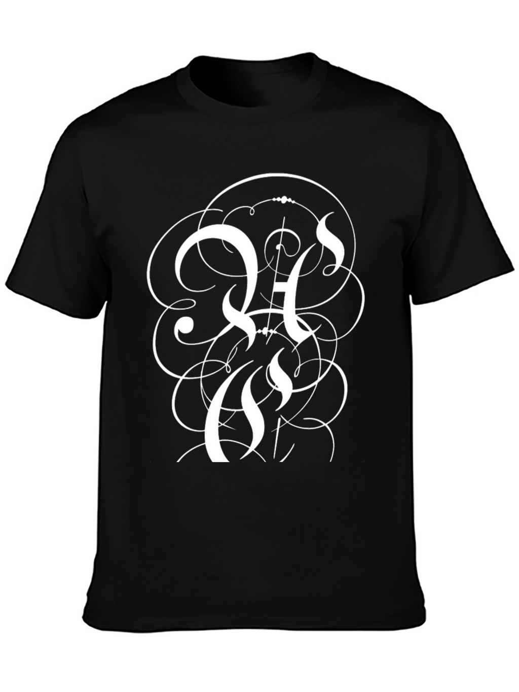 Elegant Black T-Shirt with Intricate White Letter Design