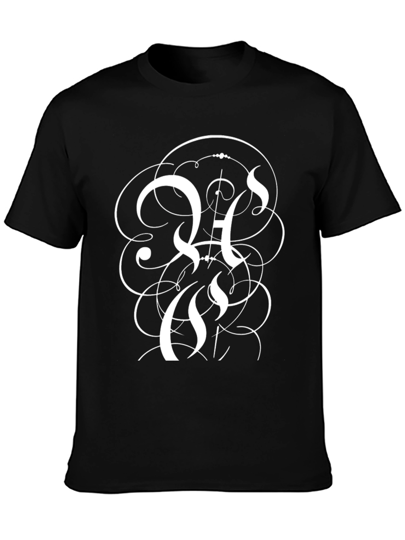 Elegant Black T-Shirt with Intricate White Letter Design