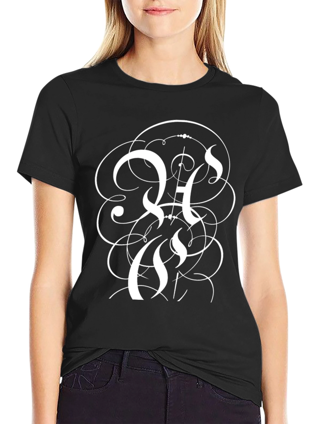 Elegant Black T-Shirt with Intricate White Letter Design