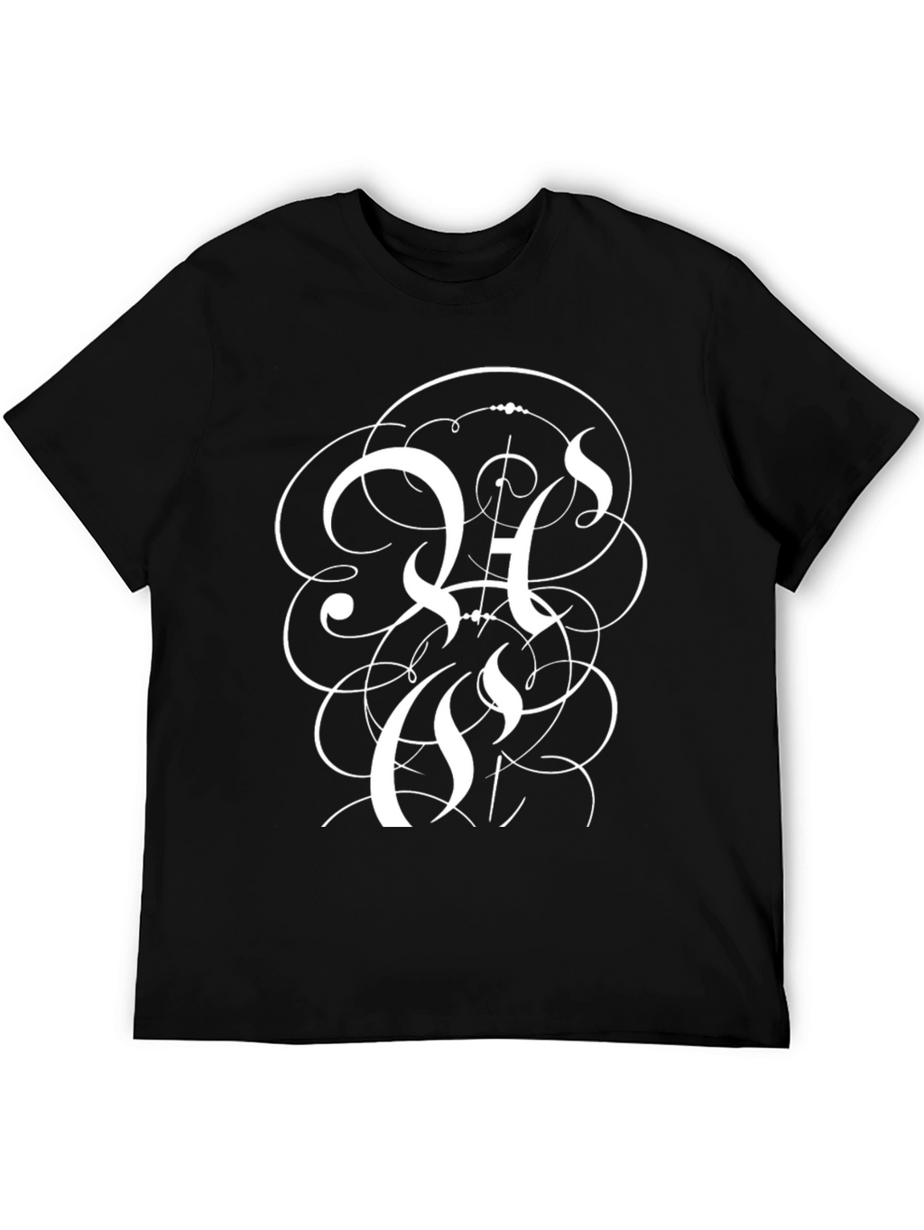Elegant Black T-Shirt with Intricate White Letter Design