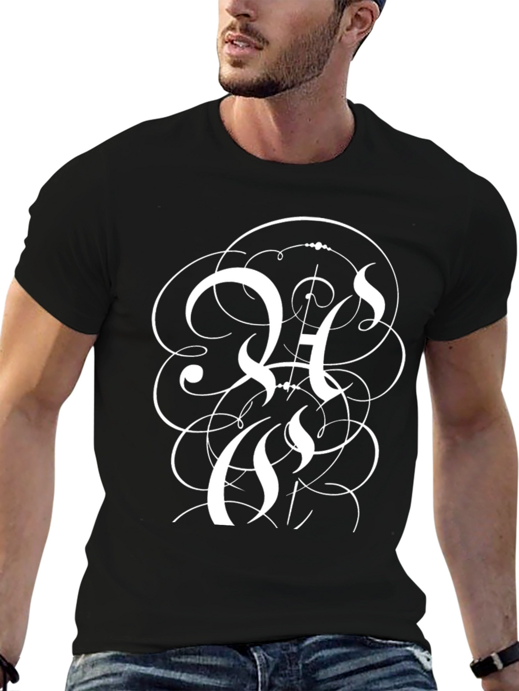 Elegant Black T-Shirt with Intricate White Letter Design