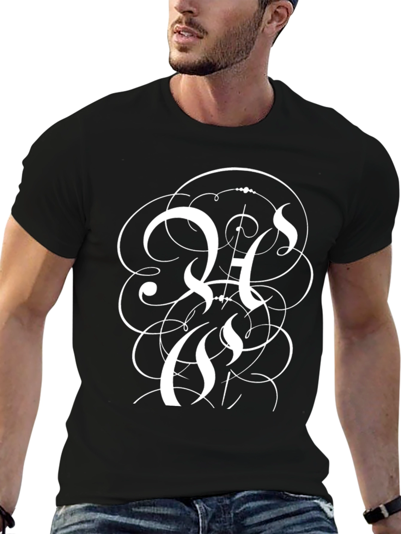 Elegant Black T-Shirt with Intricate White Letter Design