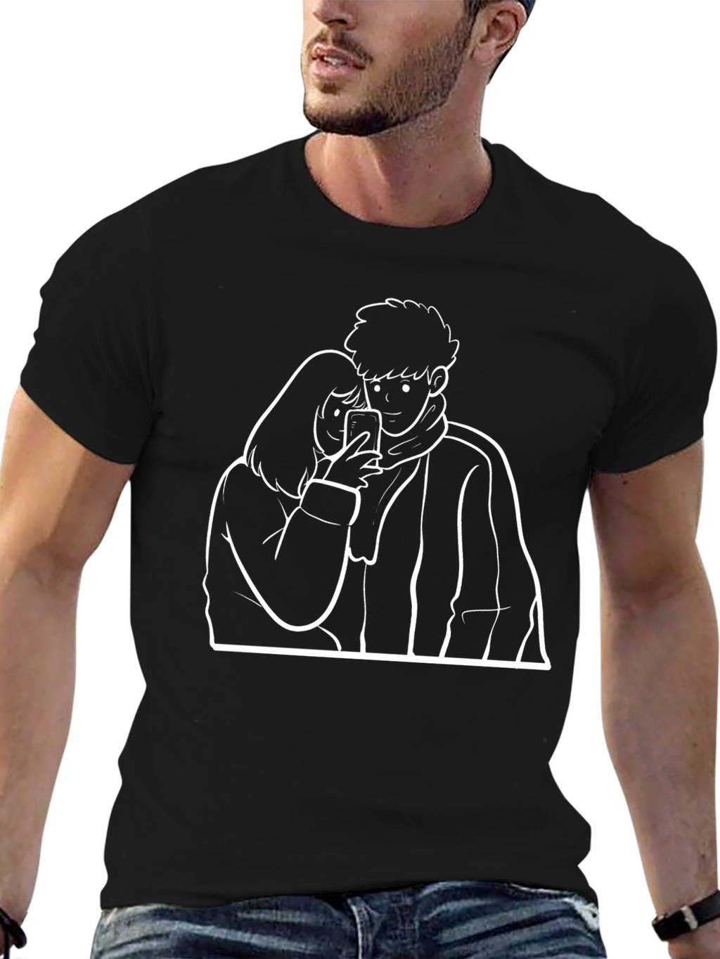 Couple Selfie Graphic Black T-Shirt