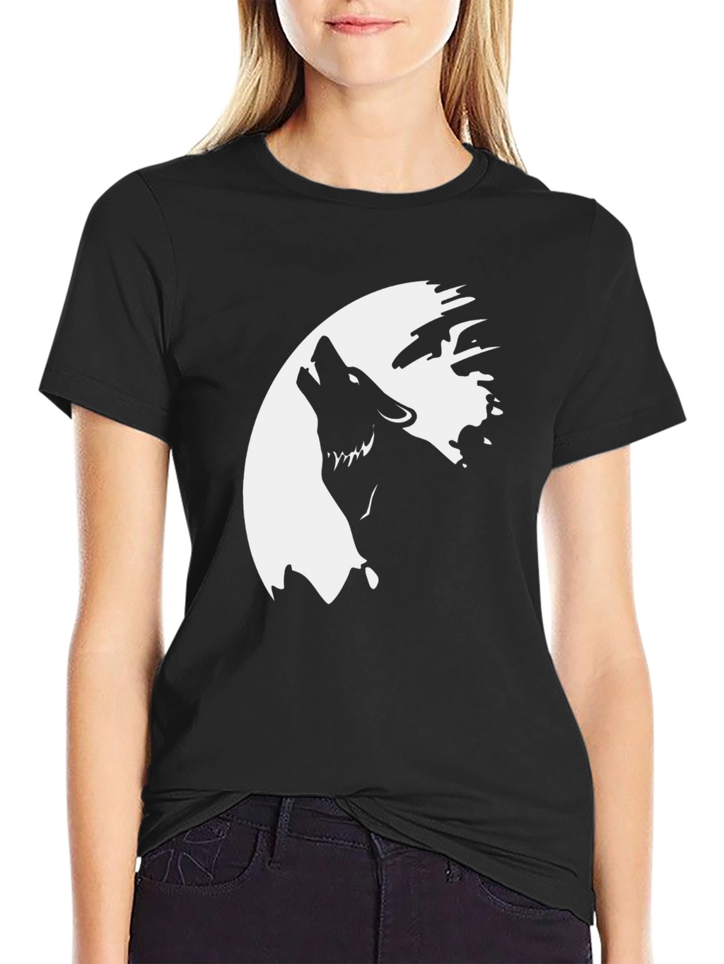 Wolf Howling at the Moon Graphic Tee - Black