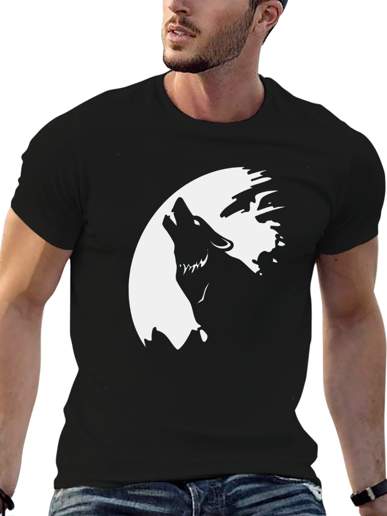 Wolf Howling at the Moon Graphic Tee - Black