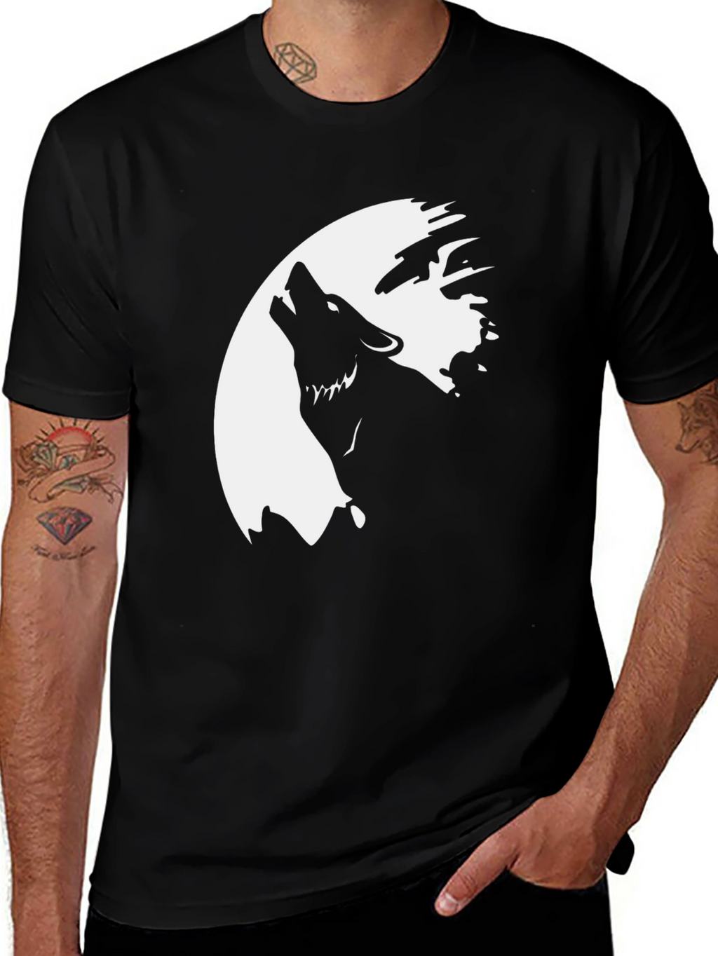 Wolf Howling at the Moon Graphic Tee - Black