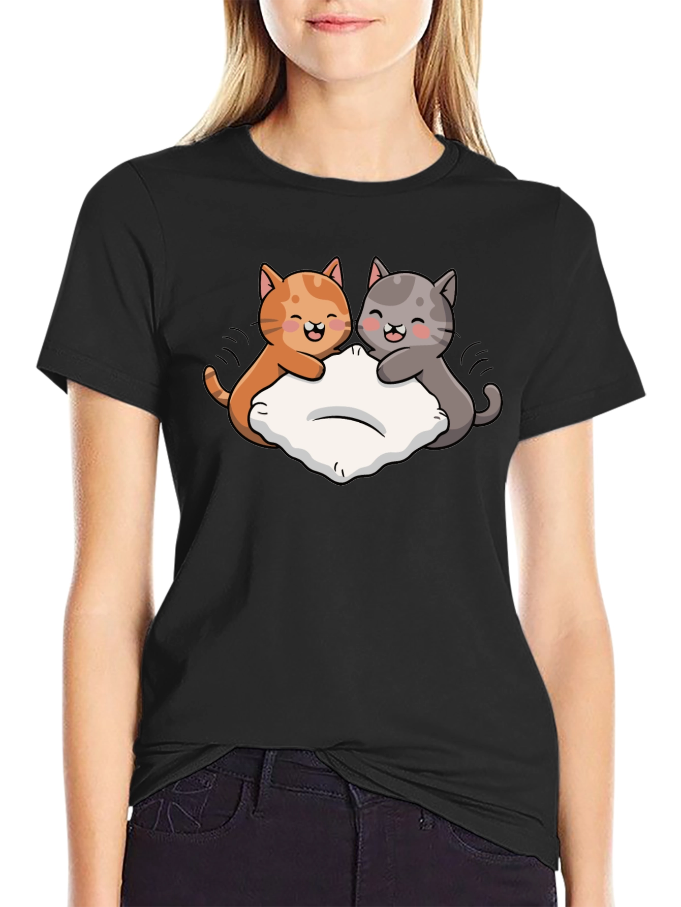 Cute Cats Pillow Fight Graphic Black T-Shirt