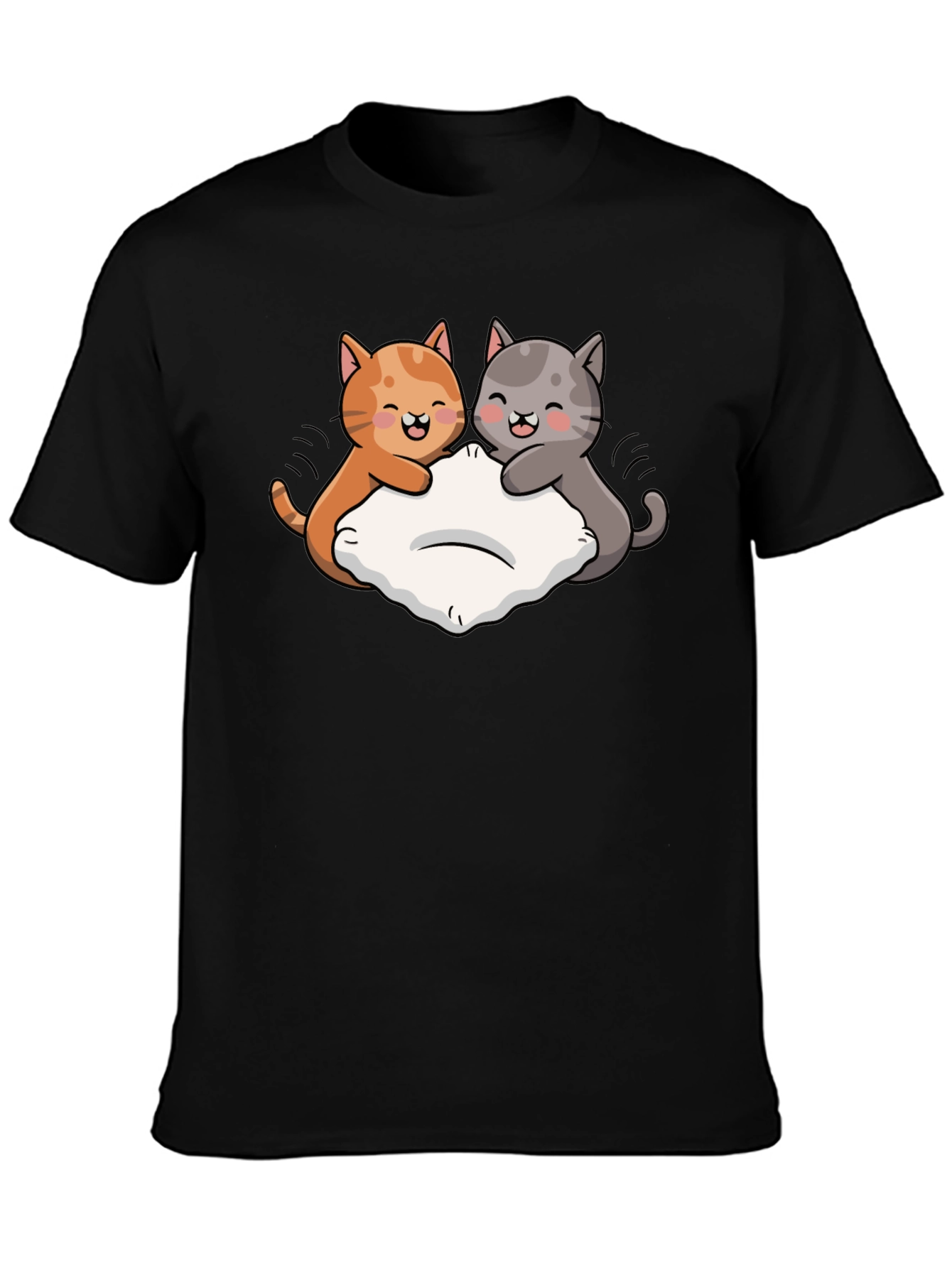Cute Cats Pillow Fight Graphic Black T-Shirt