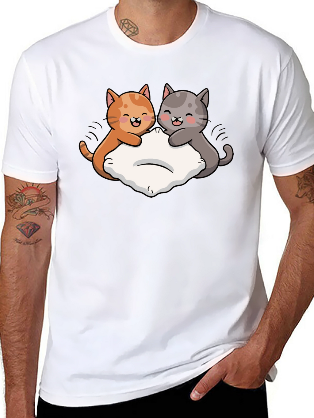 Cute Cats Pillow Fight Graphic Black T-Shirt