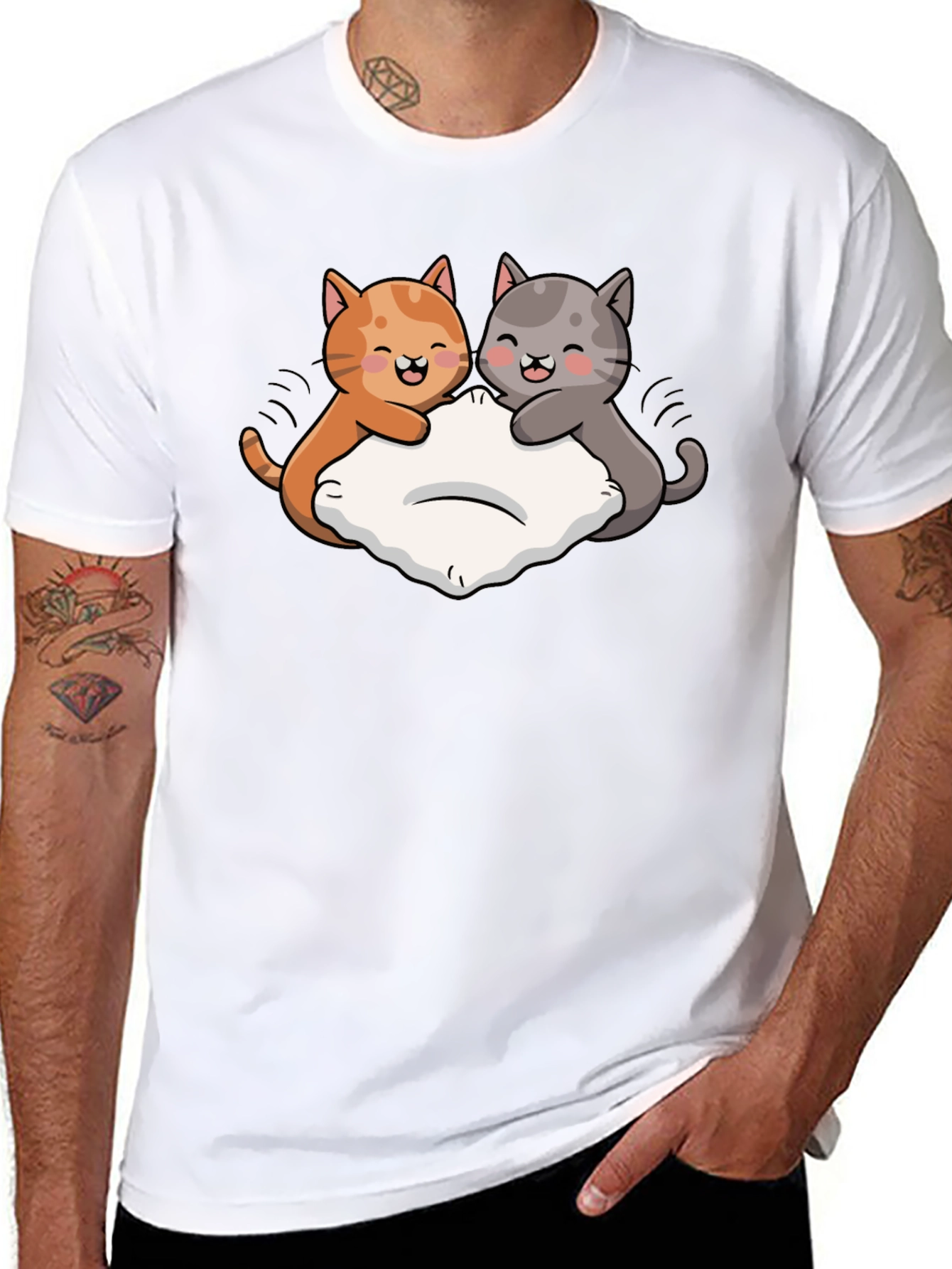 Cute Cats Pillow Fight Graphic Black T-Shirt