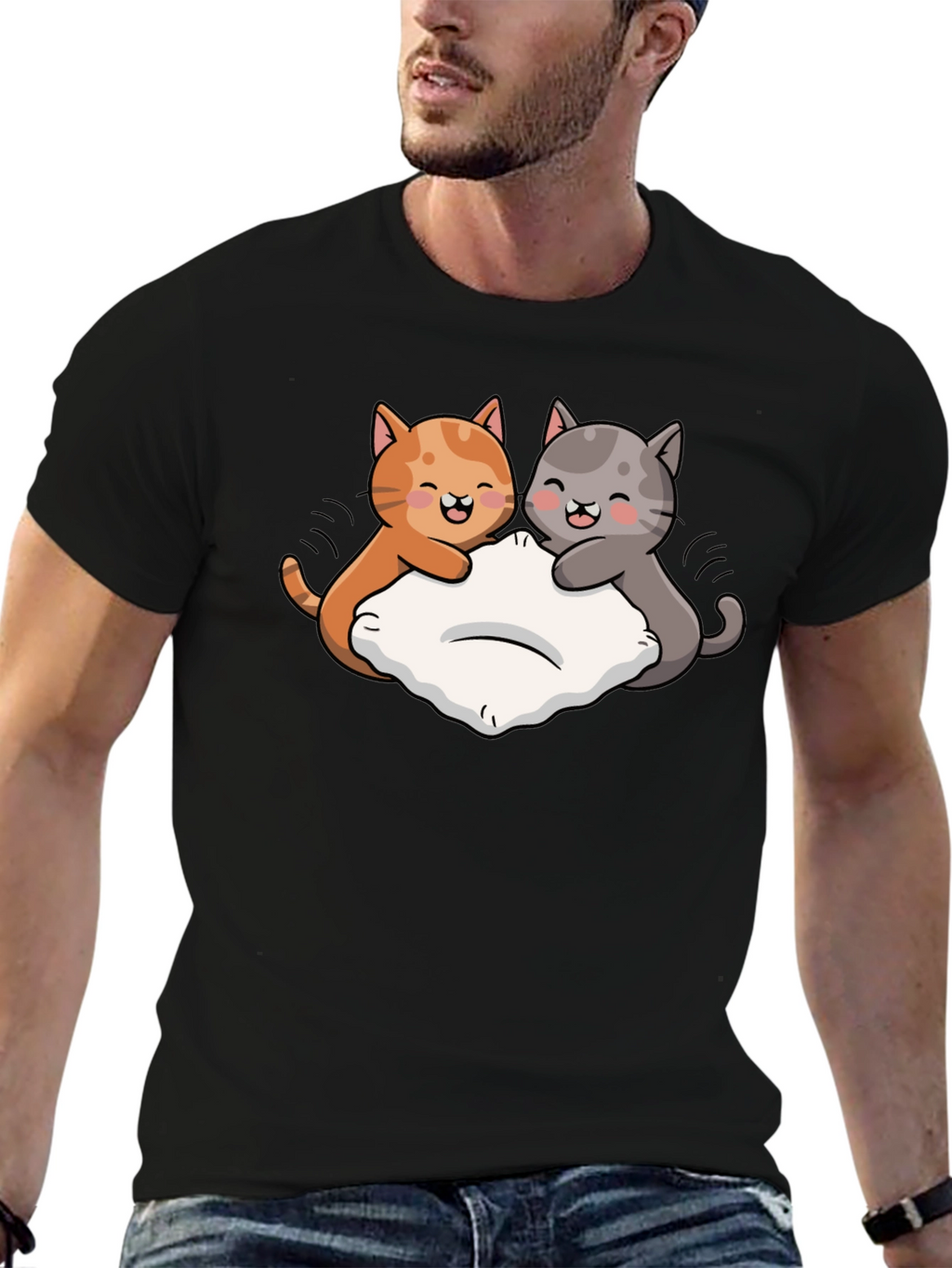 Cute Cats Pillow Fight Graphic Black T-Shirt