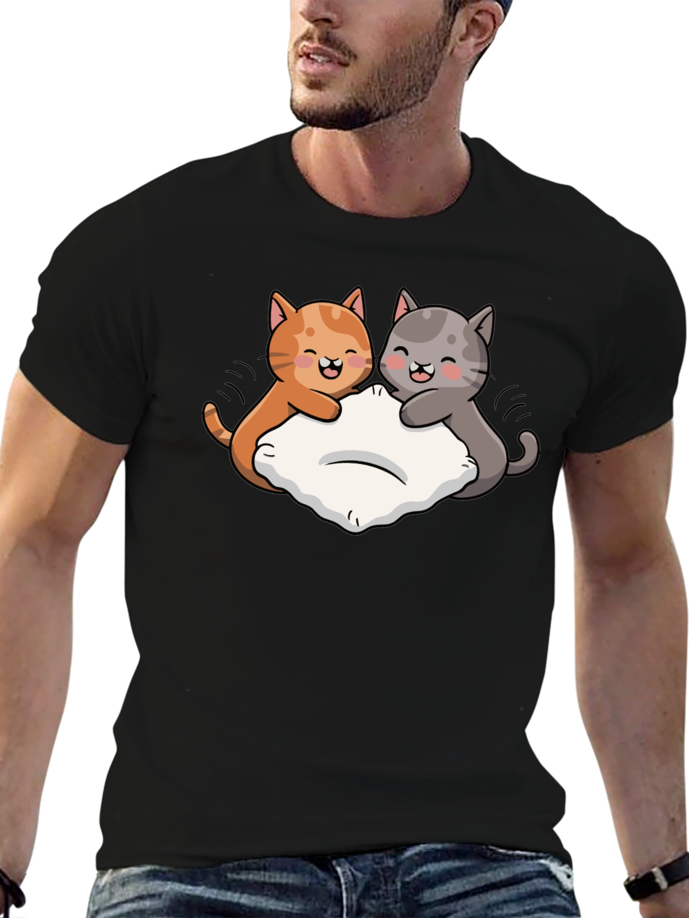Cute Cats Pillow Fight Graphic Black T-Shirt
