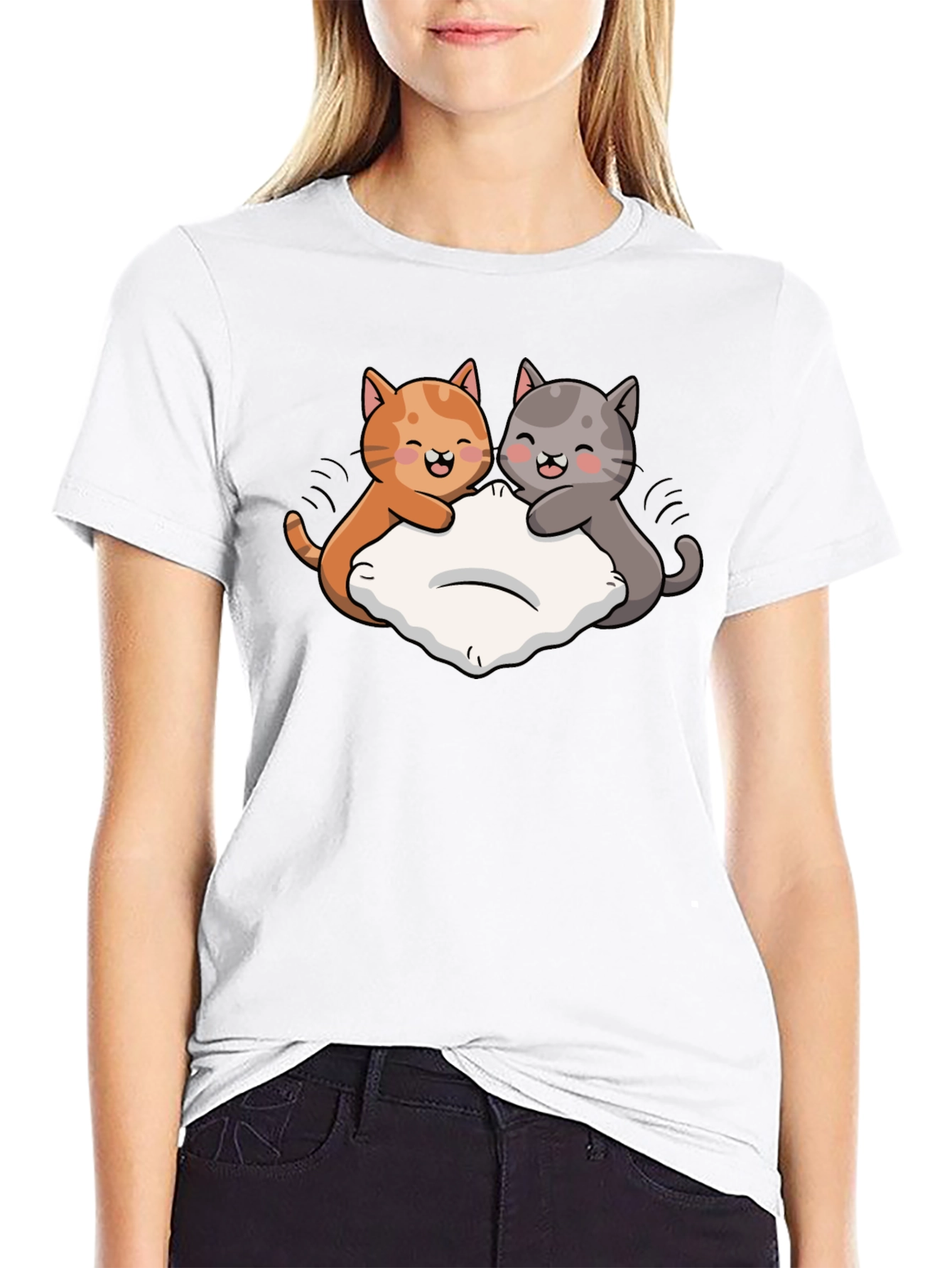 Cute Cats Pillow Fight Graphic Black T-Shirt