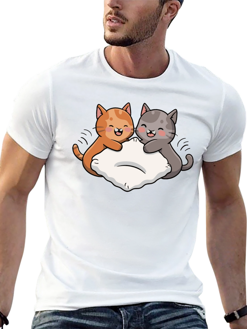 Cute Cats Pillow Fight Graphic Black T-Shirt