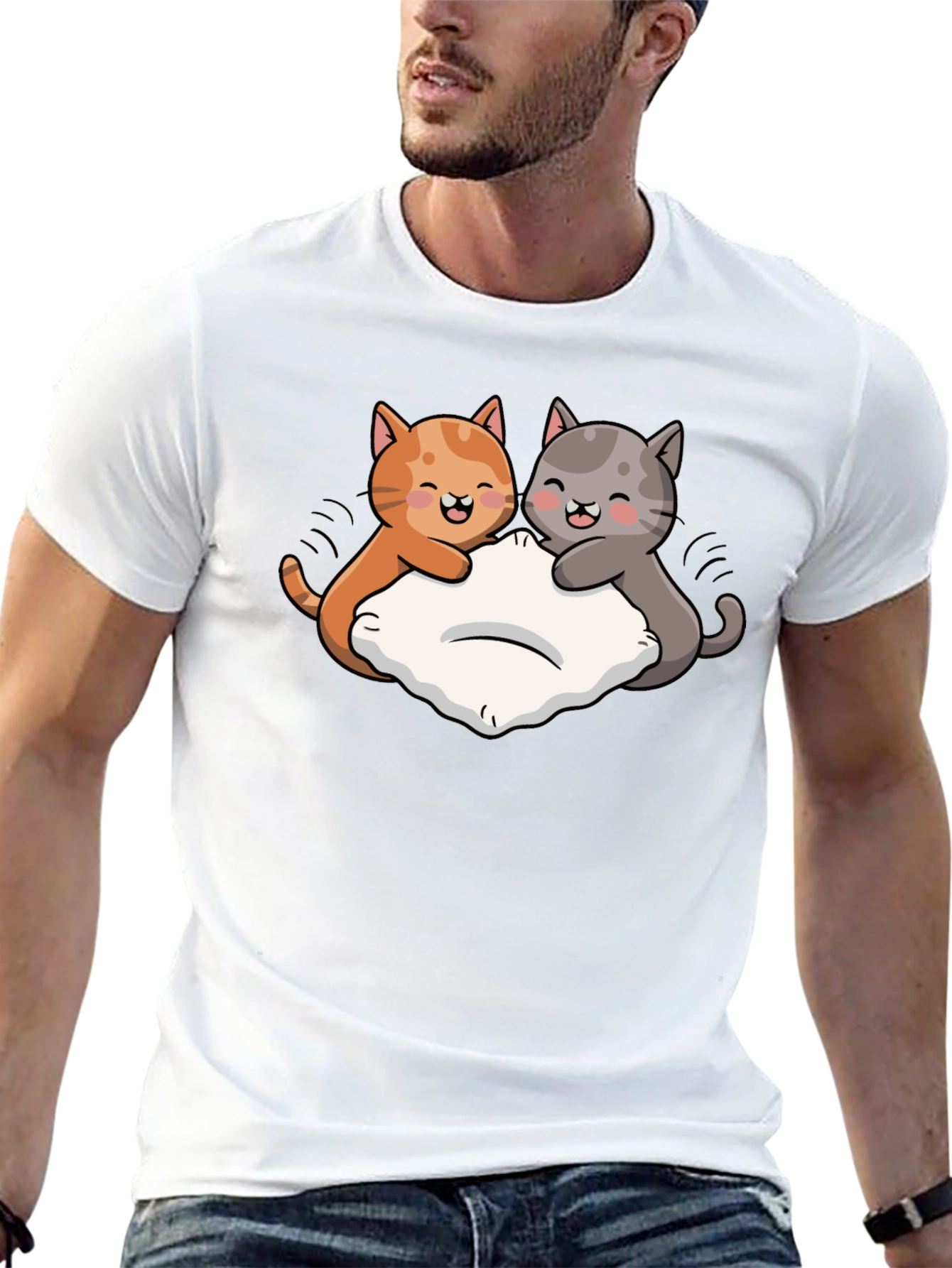 Cute Cats Pillow Fight Graphic Black T-Shirt