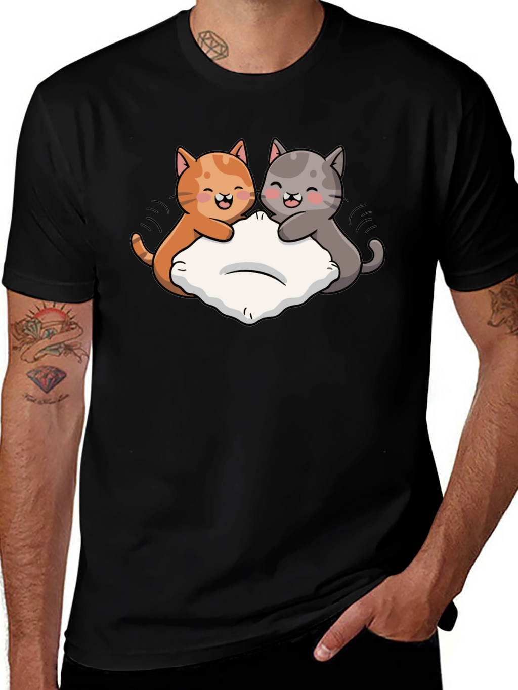 Cute Cats Pillow Fight Graphic Black T-Shirt