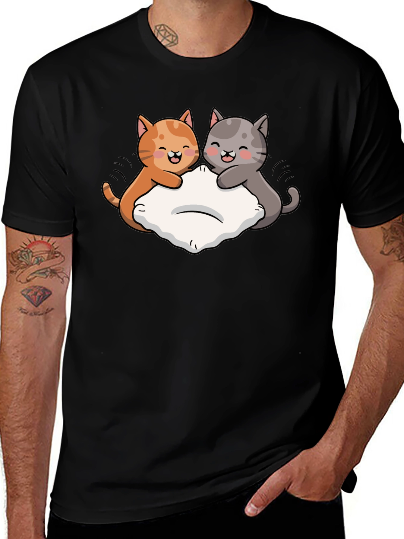Cute Cats Pillow Fight Graphic Black T-Shirt