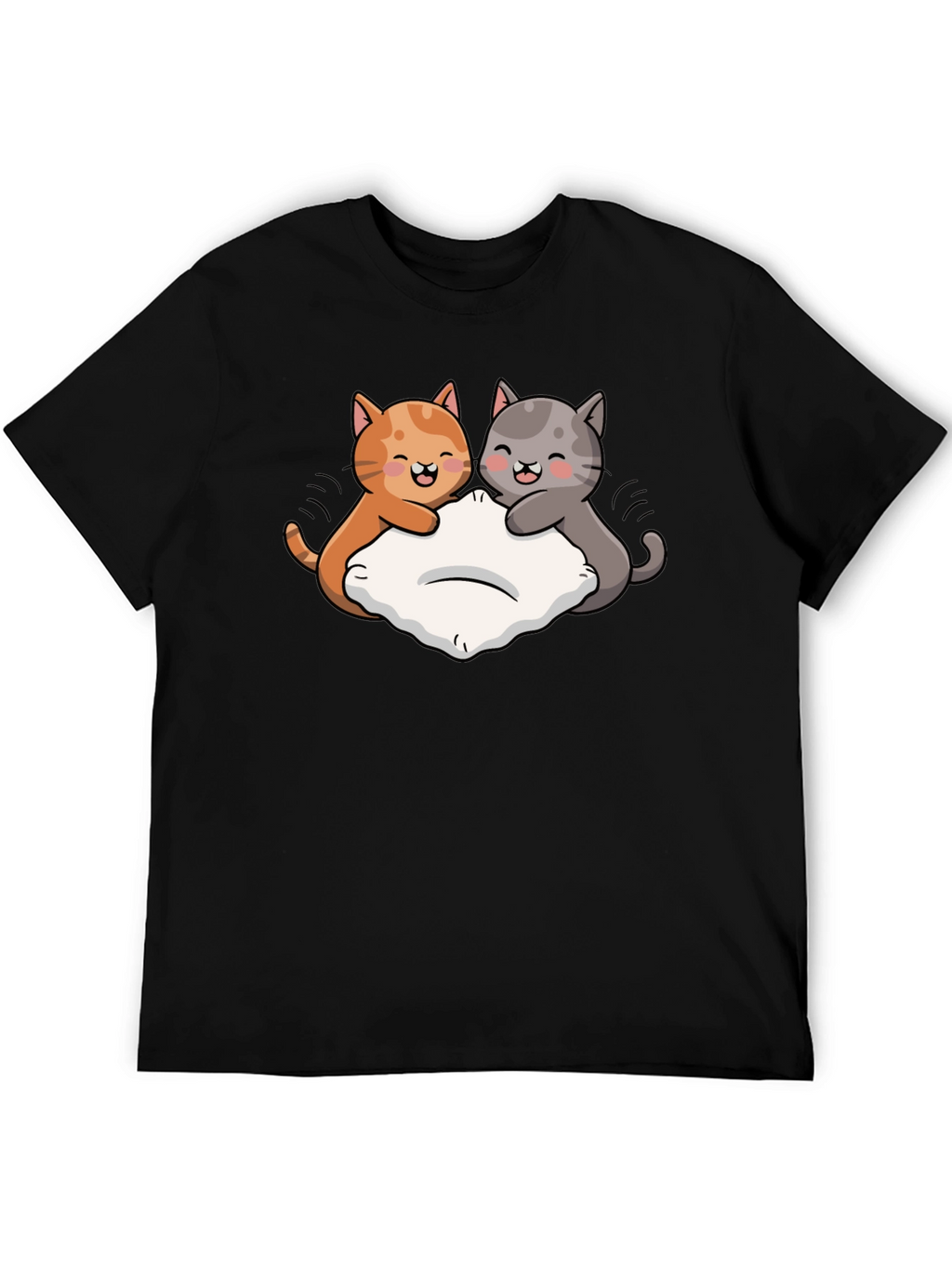 Cute Cats Pillow Fight Graphic Black T-Shirt