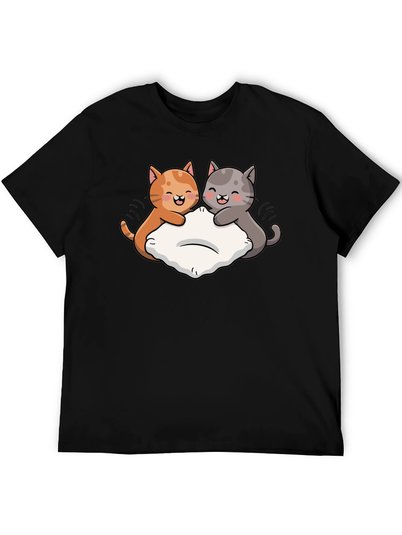 Cute Cats Pillow Fight Graphic Black T-Shirt