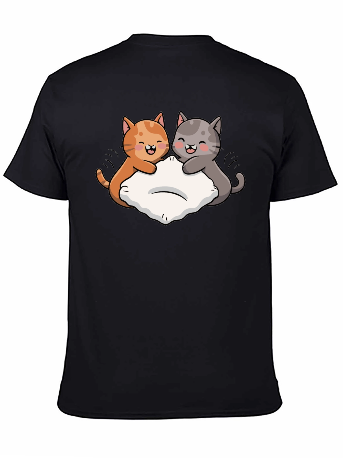 Cute Cats Pillow Fight Graphic Black T-Shirt