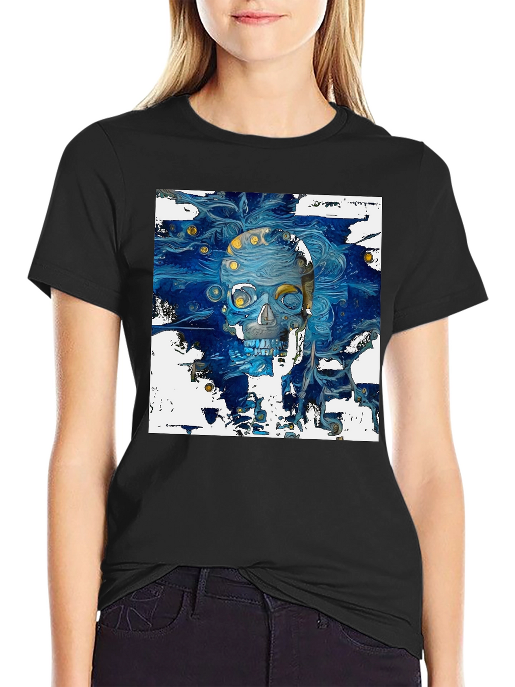 Artistic Skull Graphic T-Shirt - Dark Blue Print