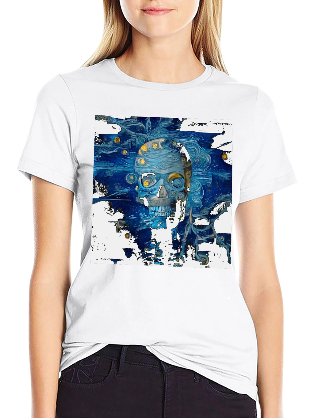 Artistic Skull Graphic T-Shirt - Dark Blue Print