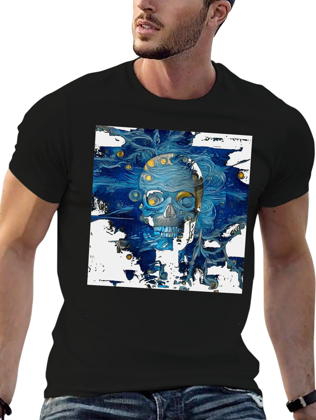 Artistic Skull Graphic T-Shirt - Dark Blue Print