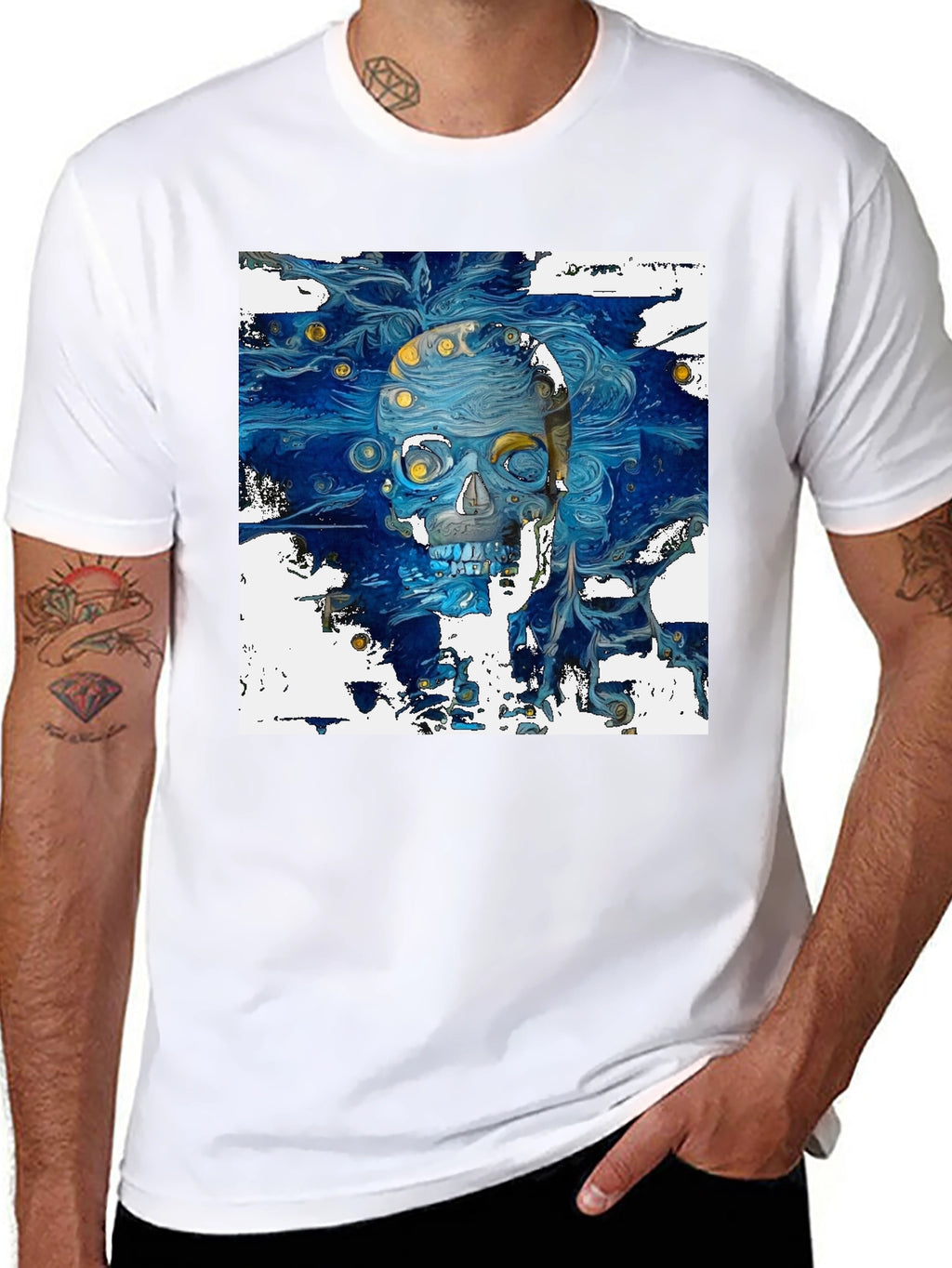 Artistic Skull Graphic T-Shirt - Dark Blue Print