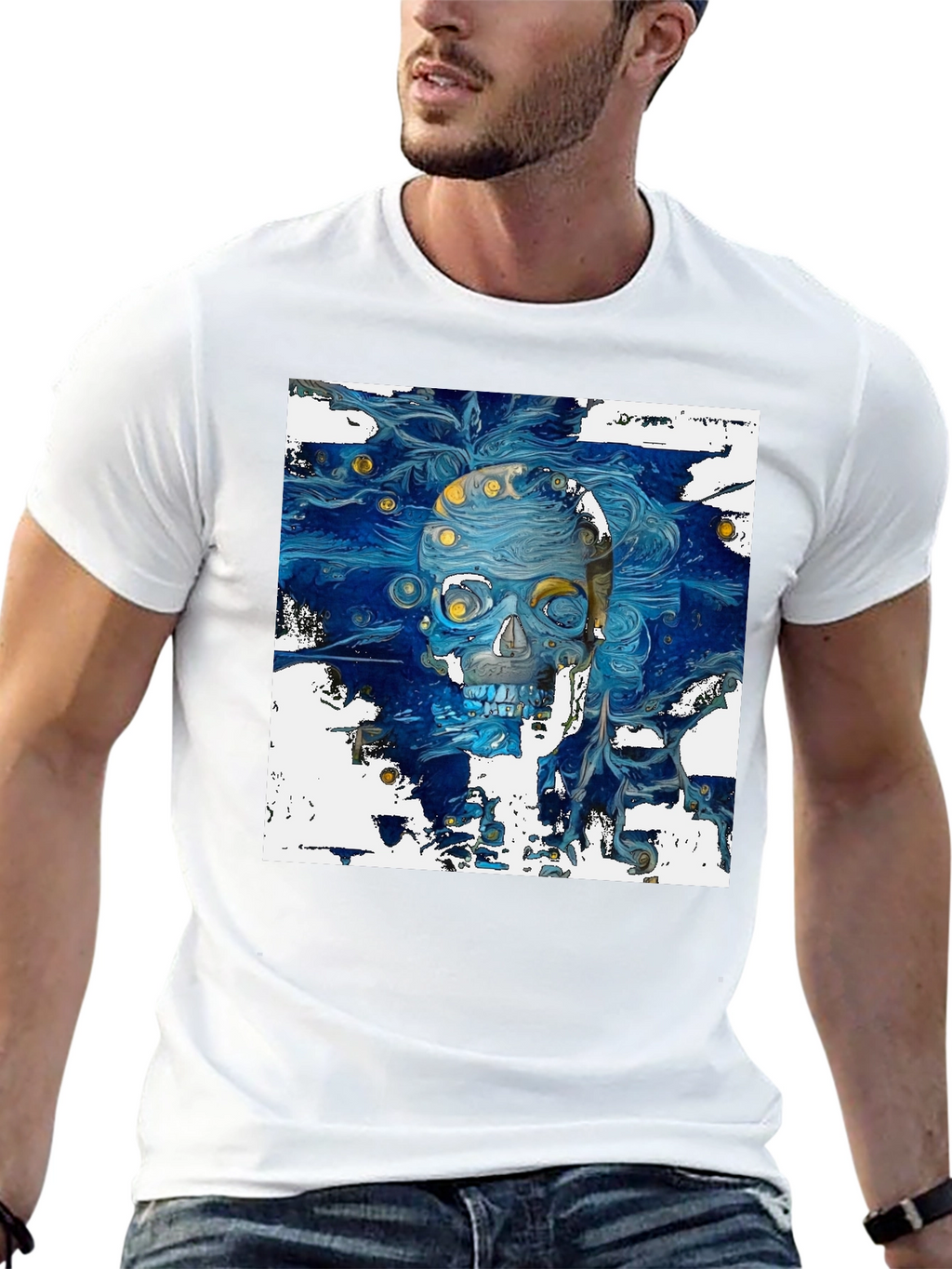 Artistic Skull Graphic T-Shirt - Dark Blue Print