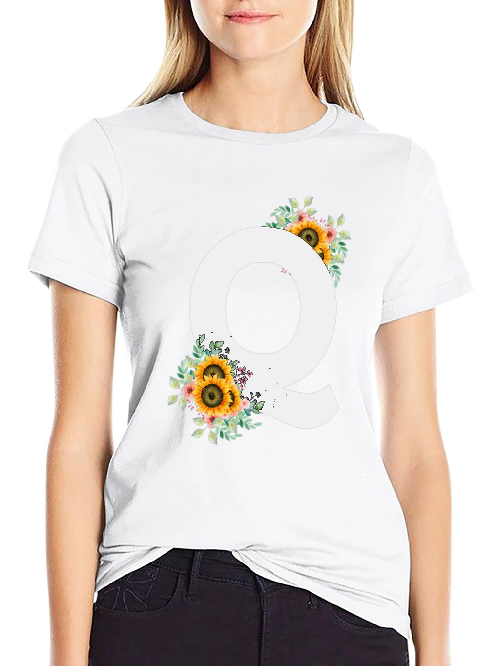 Floral Letter Q Black T-Shirt