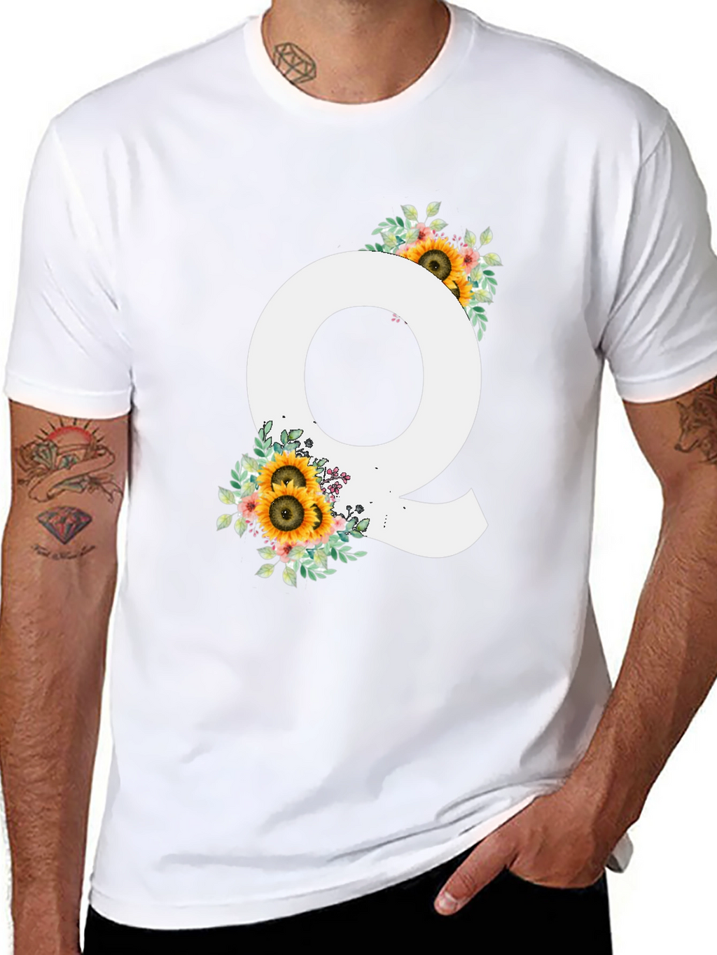 Floral Letter Q Black T-Shirt