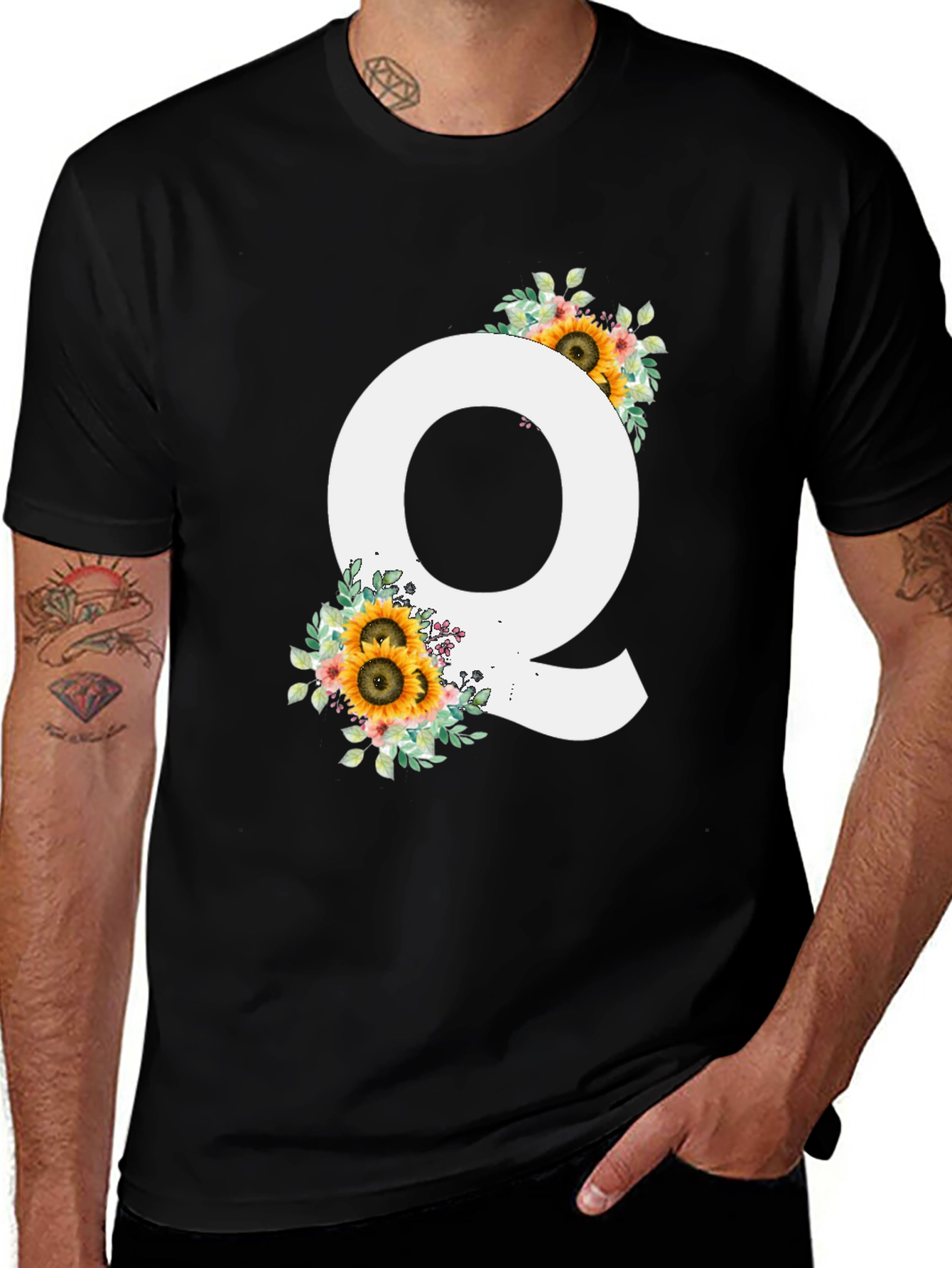 Floral Letter Q Black T-Shirt