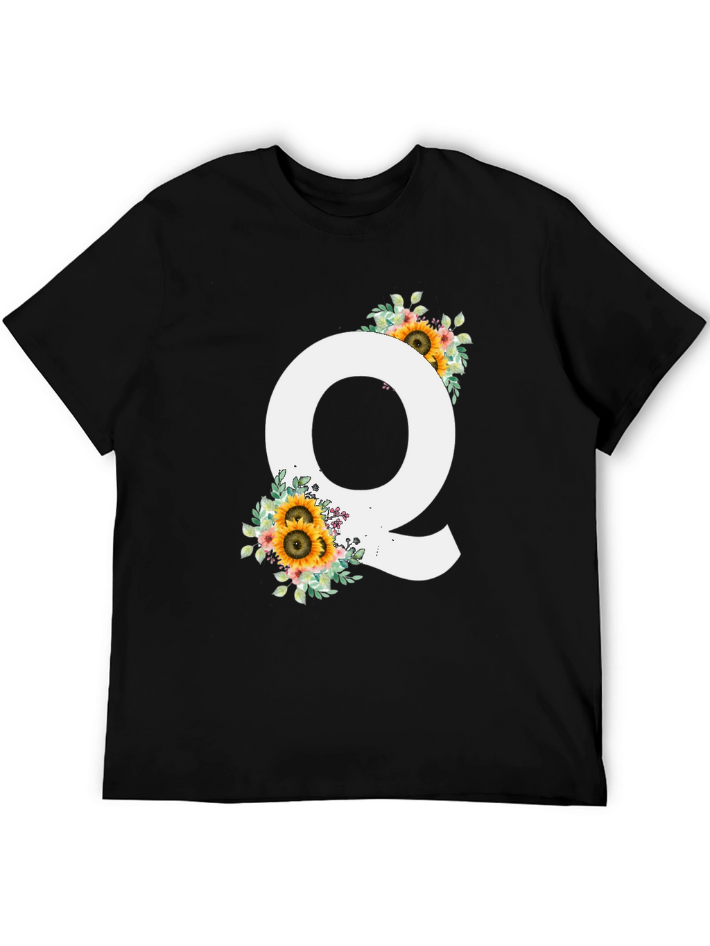 Floral Letter Q Black T-Shirt