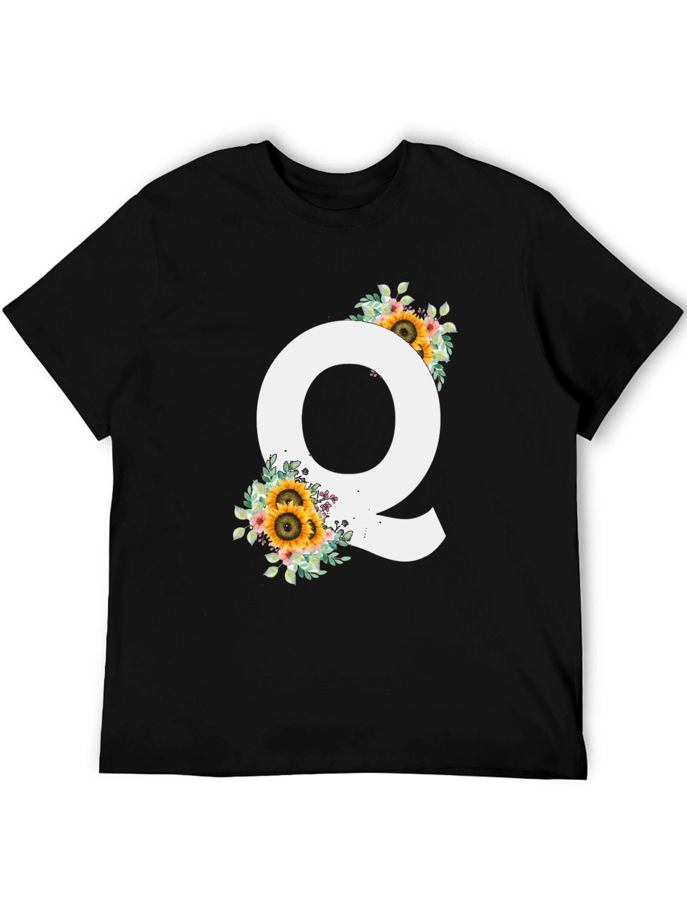 Floral Letter Q Black T-Shirt