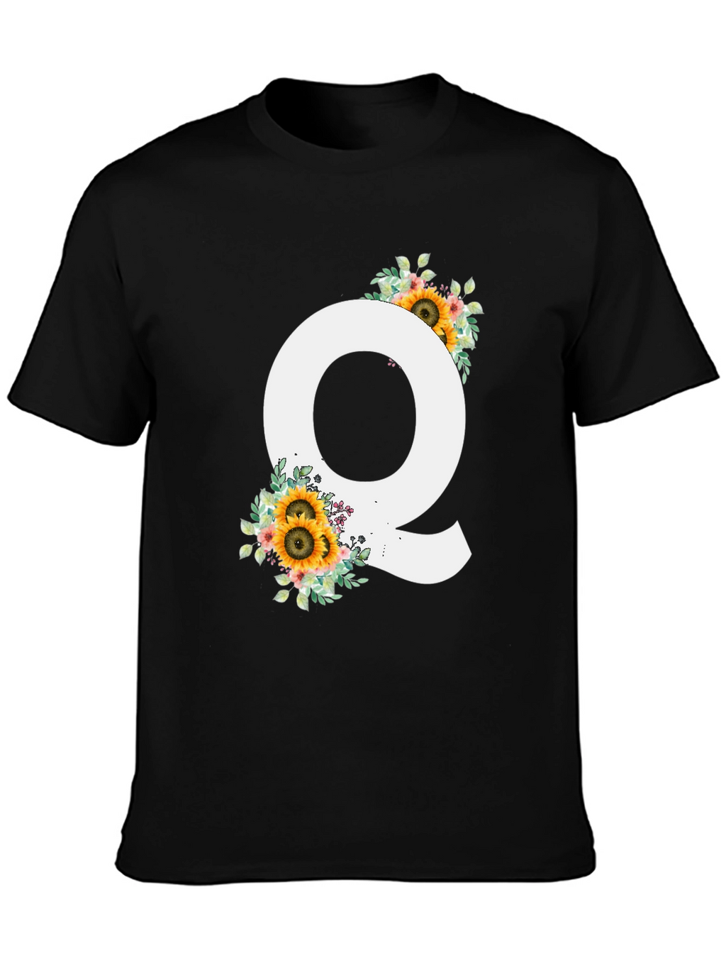 Floral Letter Q Black T-Shirt
