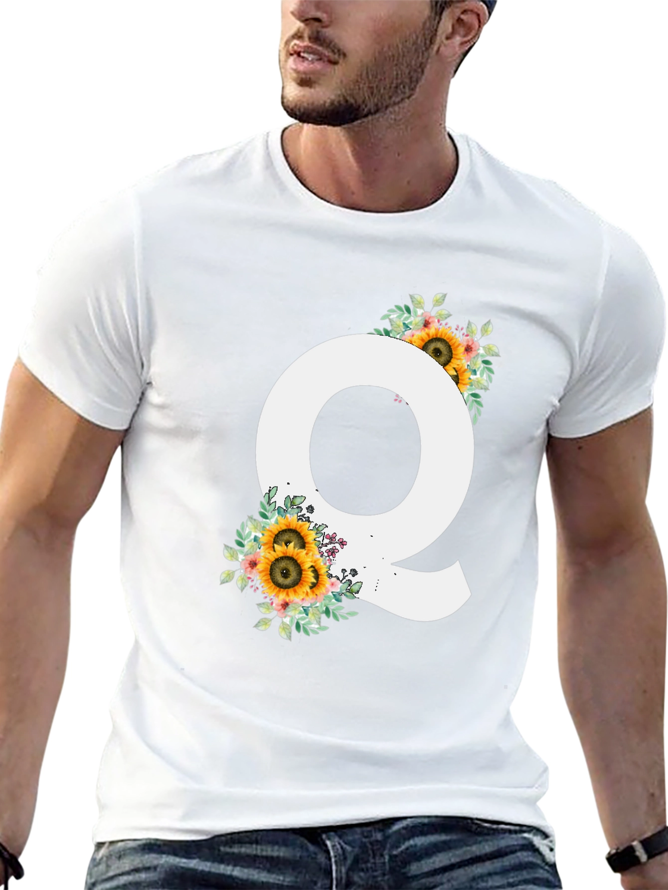 Floral Letter Q Black T-Shirt