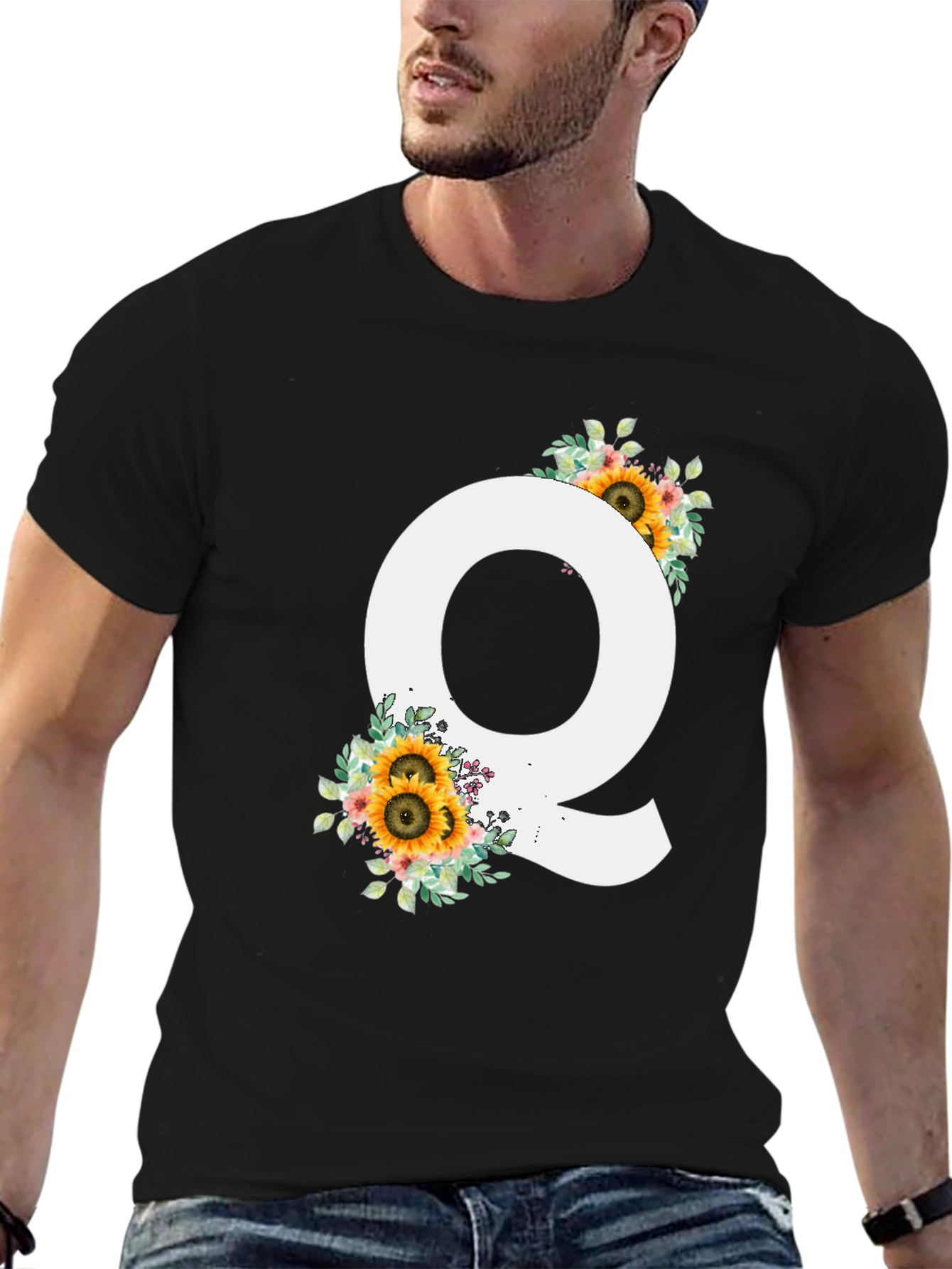 Floral Letter Q Black T-Shirt