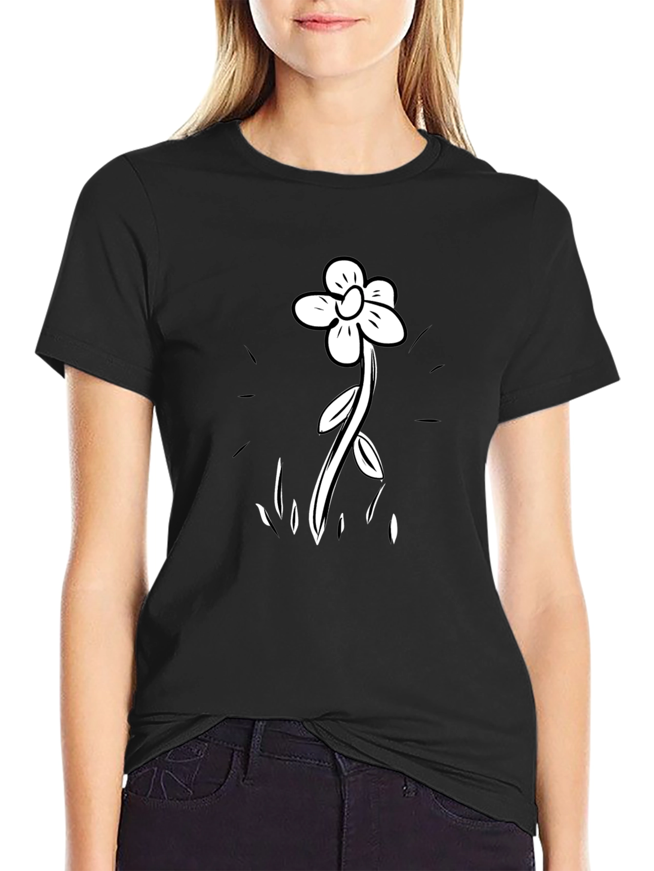 Black T-Shirt with Flower Graphic Print