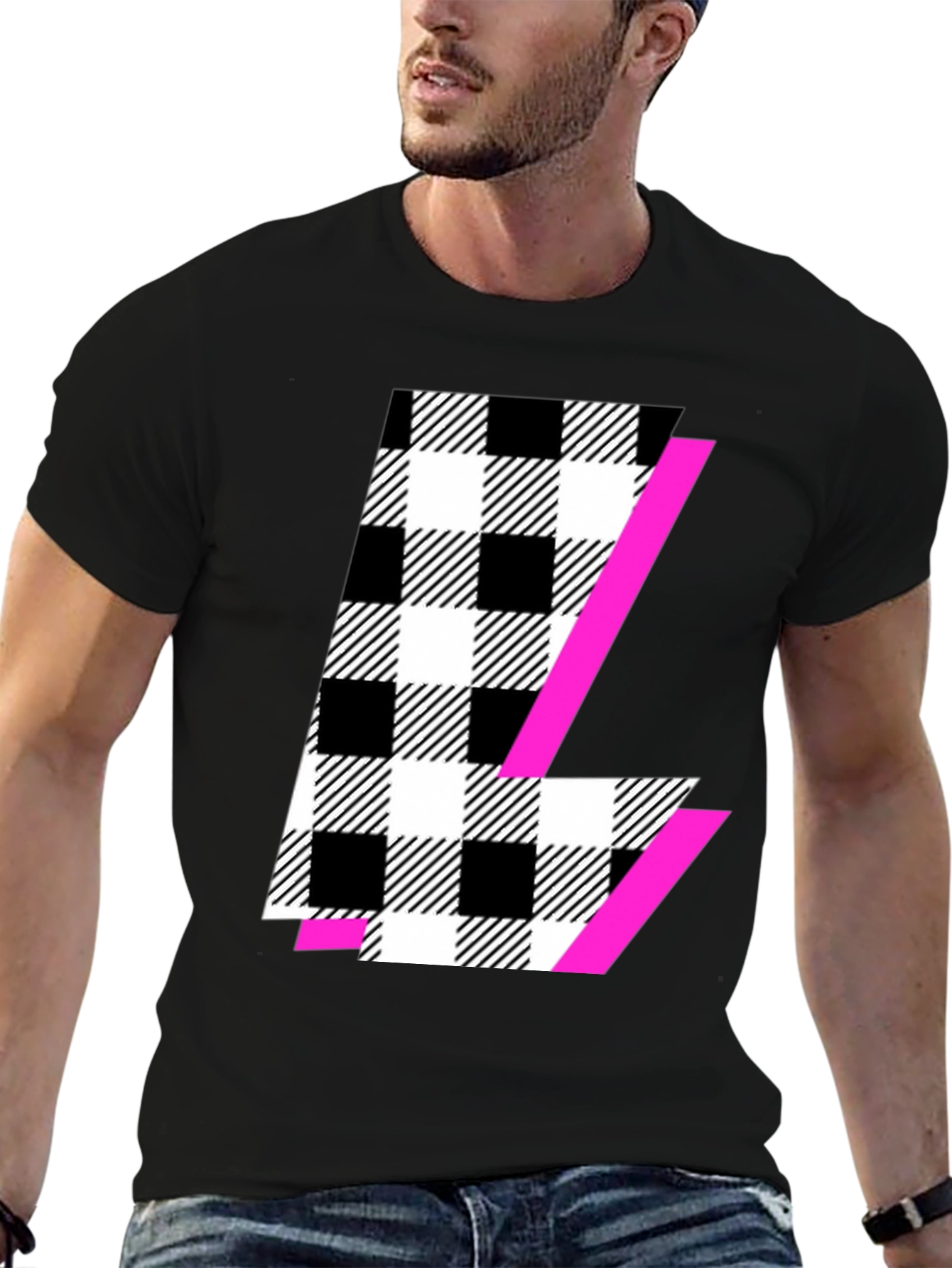 Bold Checkered L Graphic Tee - Modern Style