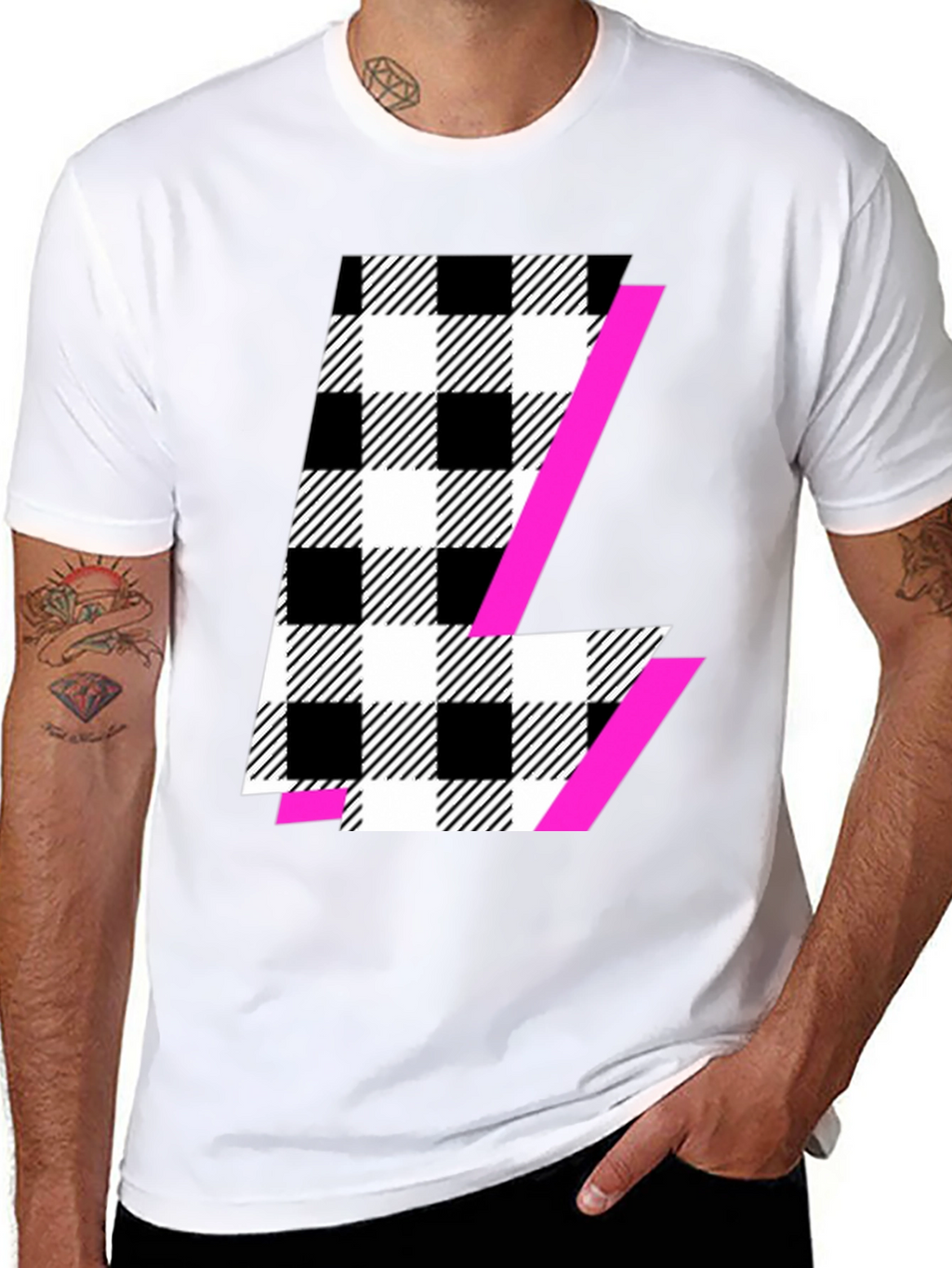 Bold Checkered L Graphic Tee - Modern Style