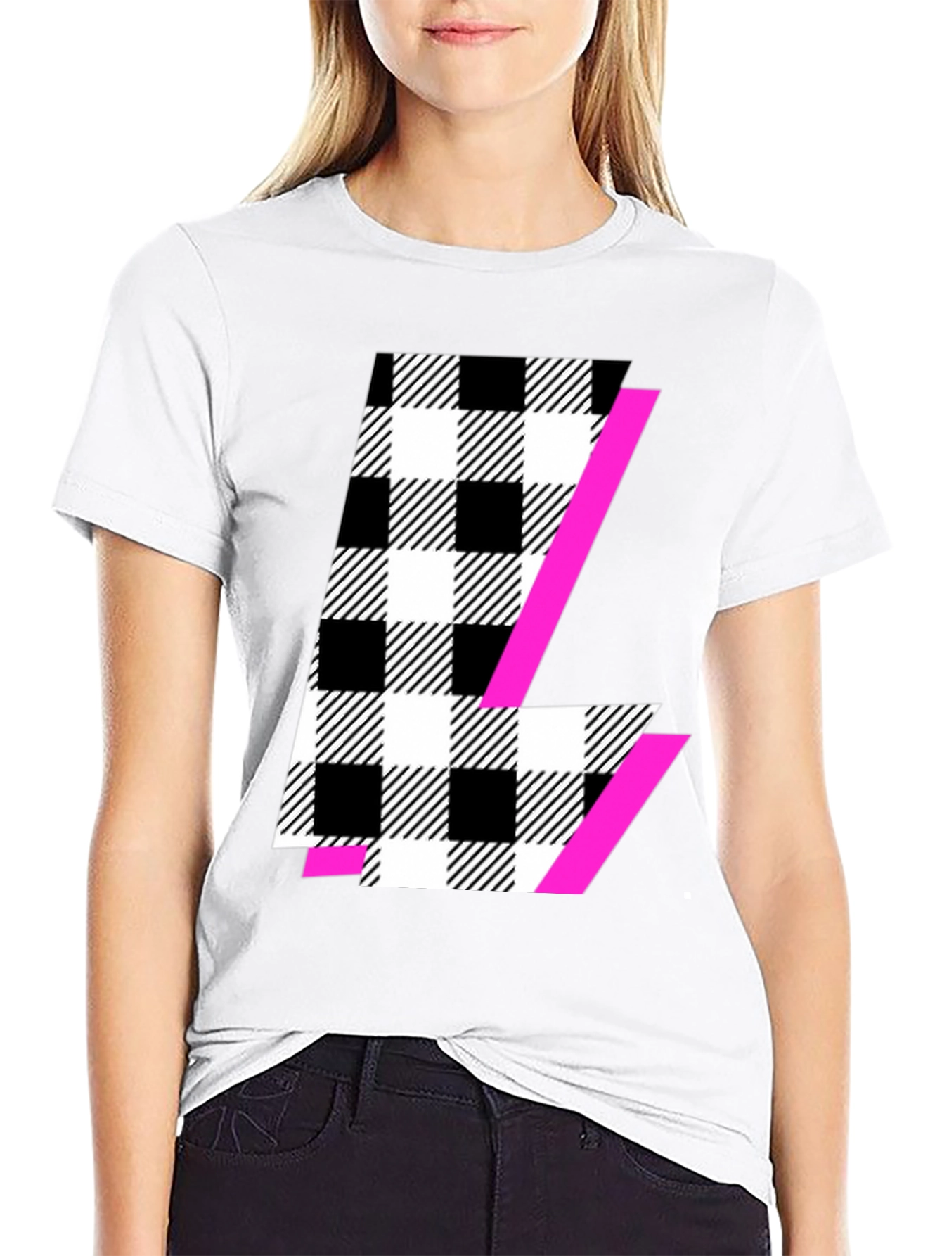 Bold Checkered L Graphic Tee - Modern Style